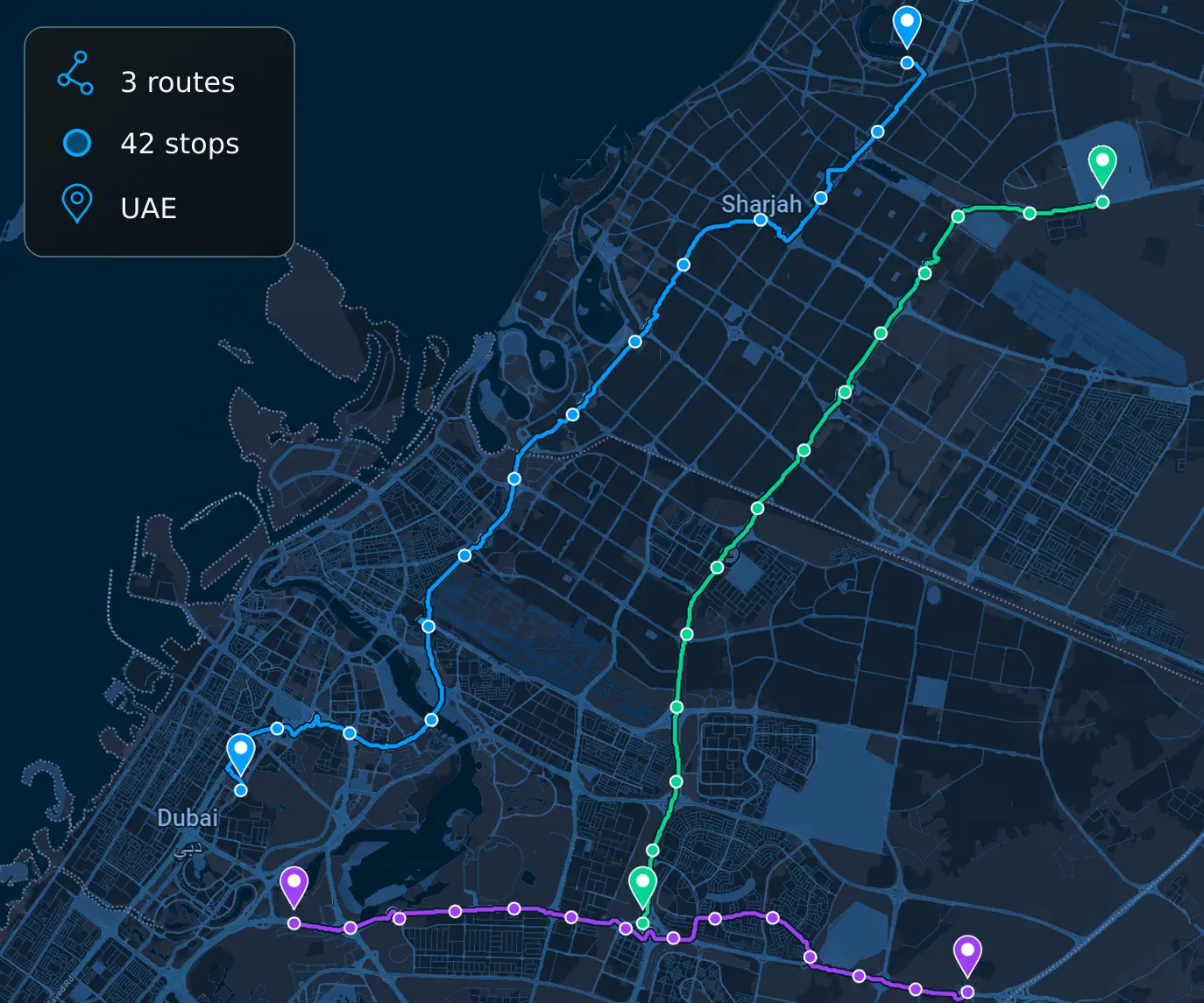 Route360 planning map: three optimised routes drawn in their own colours across a city.