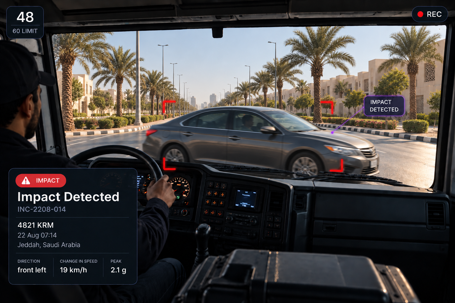 Vision360 impact event: the impact detected header with its incident reference, road-facing video at the impact moment with the scrubber running from thirty seconds before to sixty after, the synchronised camera strip across front, driver, left, right, rear and cabin, and the incident summary and impact metrics panel. 4:3, dark UI, 2000x1500.