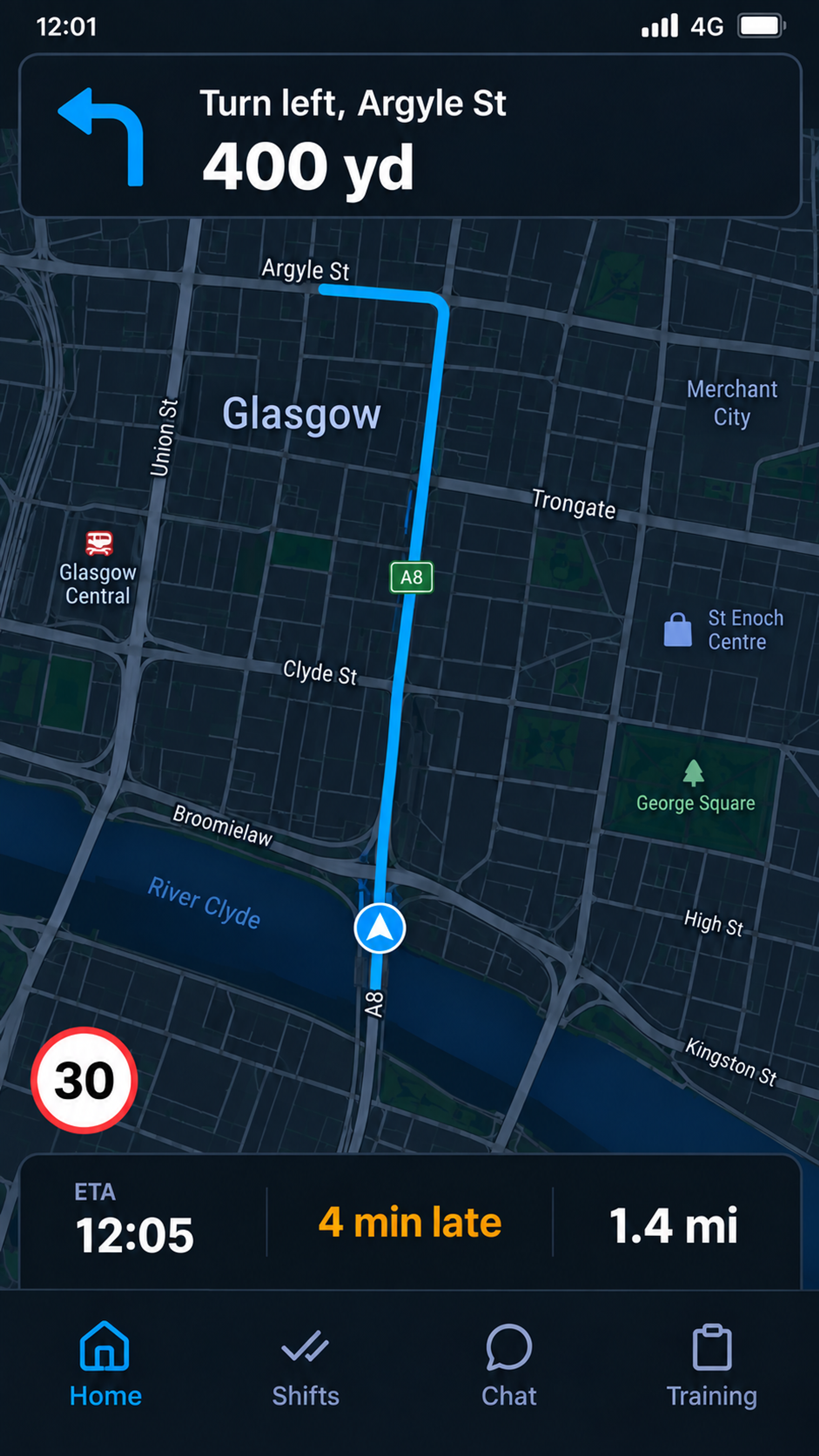 Driver app navigation: the next instruction banner over the map, with the ETA, delay and distance-to-stop strip and the speed limit below. Portrait handset, 9:13 crop.