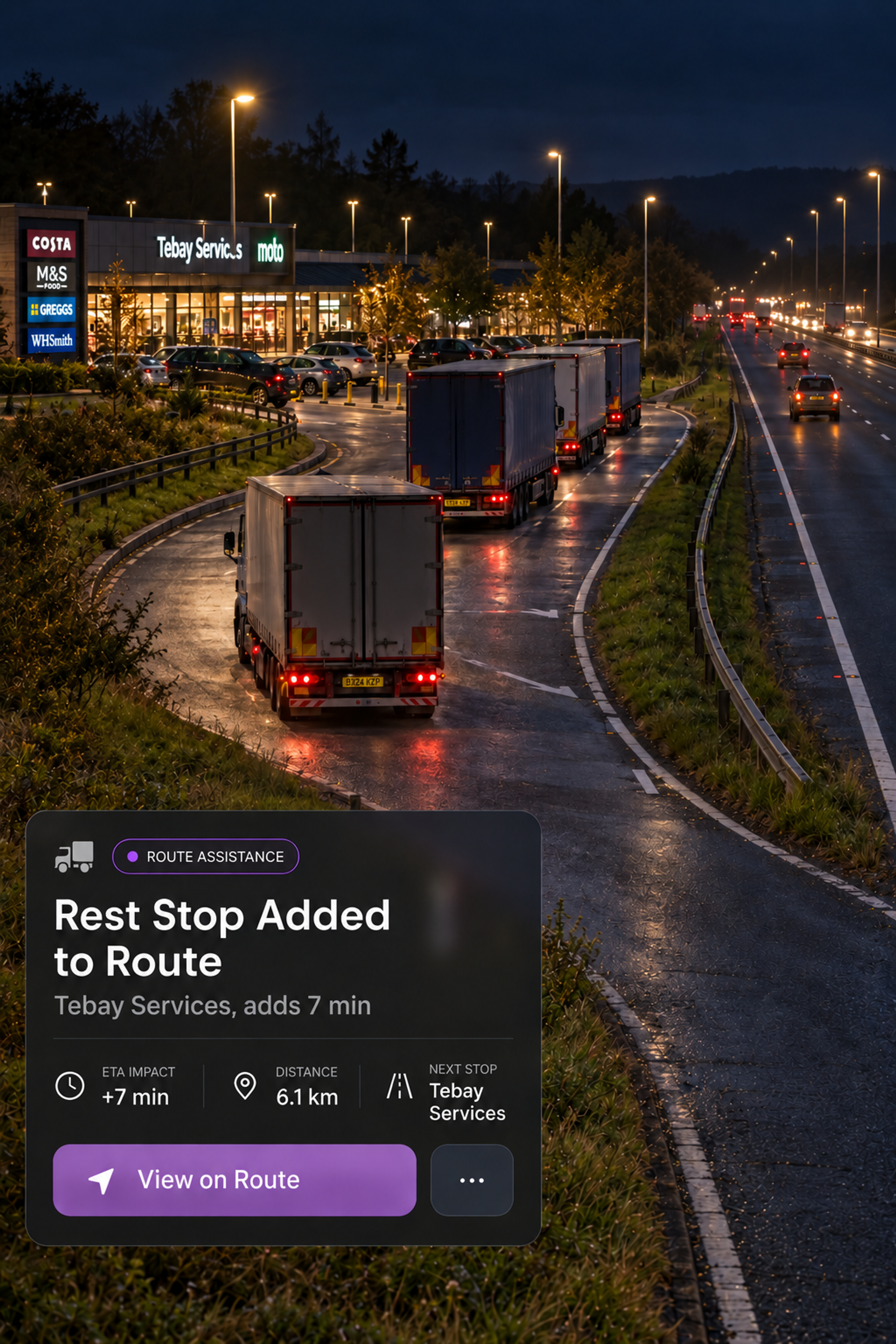 Photograph: a truck pulled into a lit rest area at night, seen from a distance. Portrait 3:4, dark and cool, room at the top for a heading, no text in the artwork.