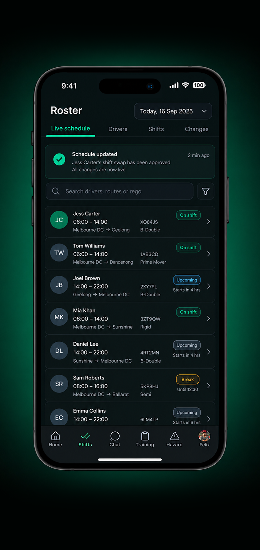 Drive360 app: schedule updated, showing the new driver, date, time and route