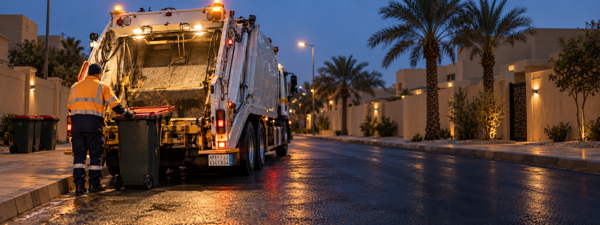 A rear-loader refuse truck working a suburban street in morning light, crew member at the bin. Dark and cool enough for a panel to sit over the right third. No visible manufacturer badge, no text in the artwork. 2400x900.
