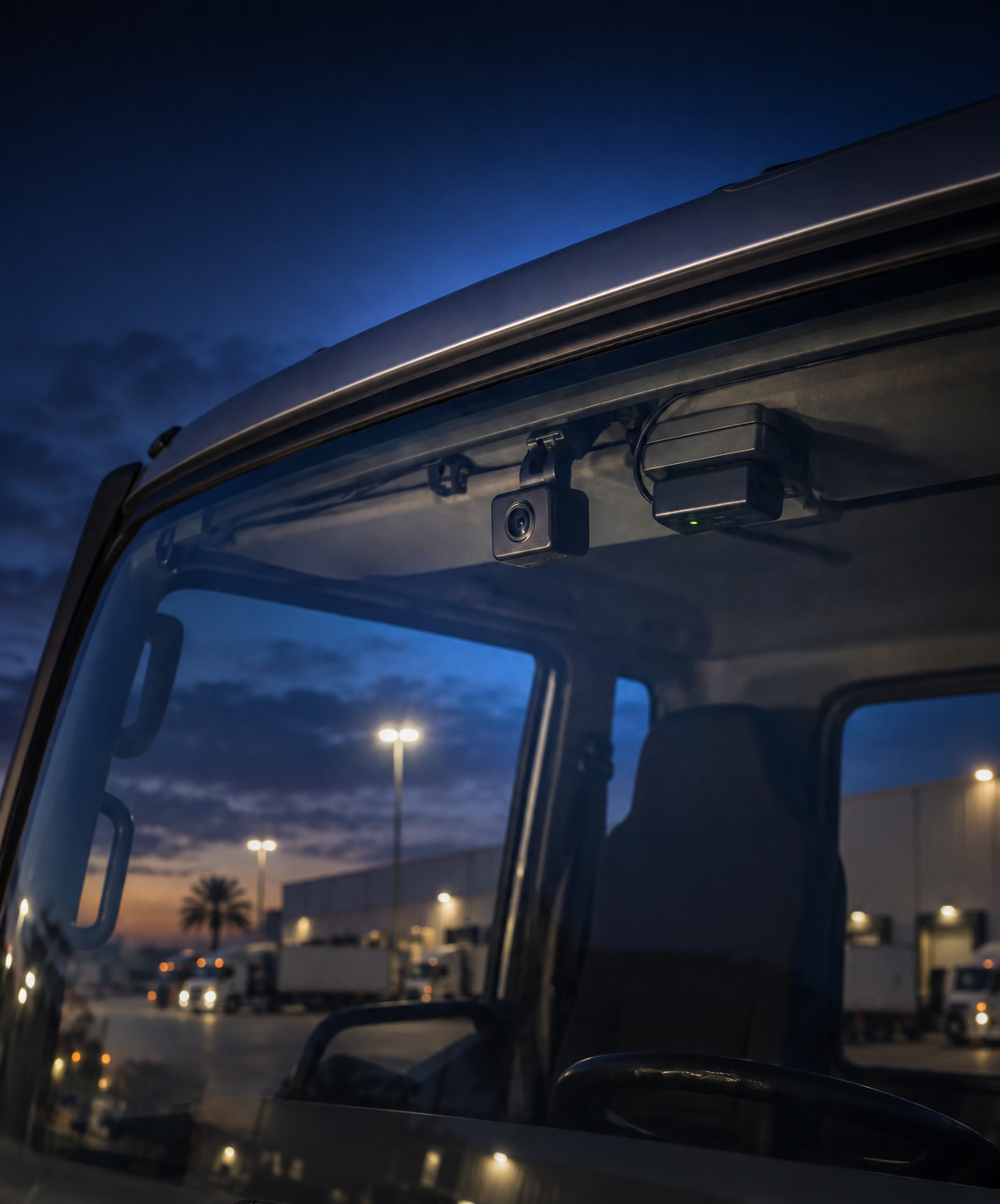 Photograph: an installed camera and telematics unit, close and quiet. Dark and cool, room at the top, no text in the artwork.