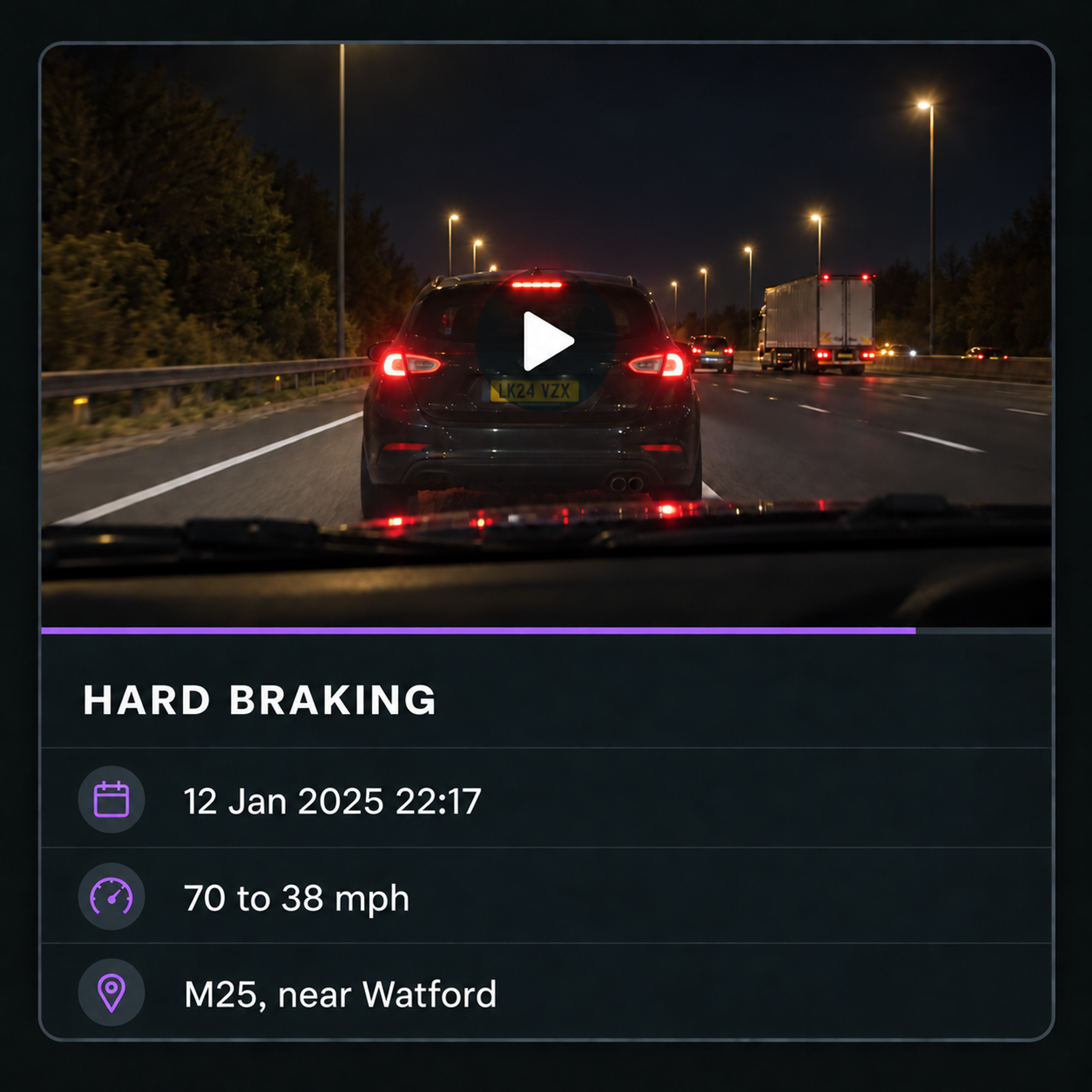 An event clip in the player, with speed and location context alongside it.