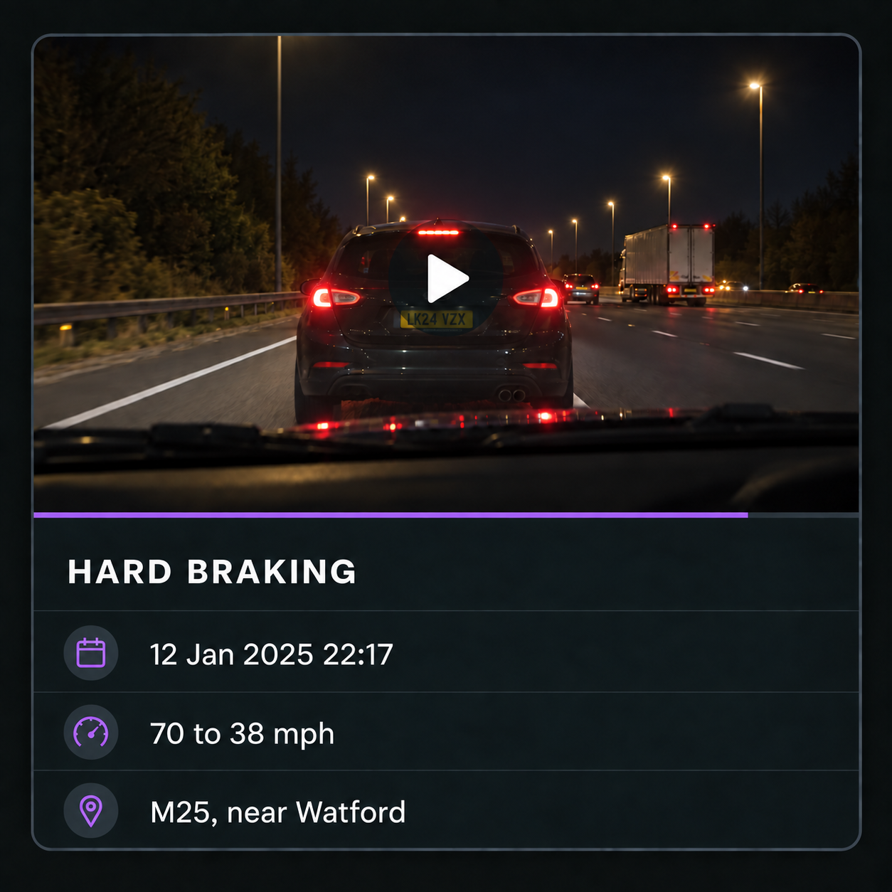 An event clip in the player, with speed and location context alongside it.