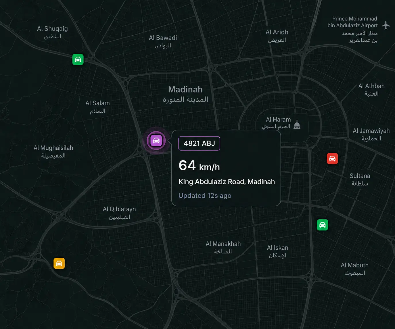 Vision360 live map with a selected vehicle and its location card showing speed, street and time since last update.