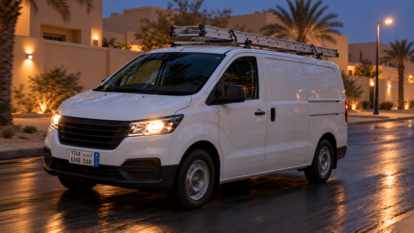 Editorial image: a service van on a suburban street at dusk. No text in the artwork.