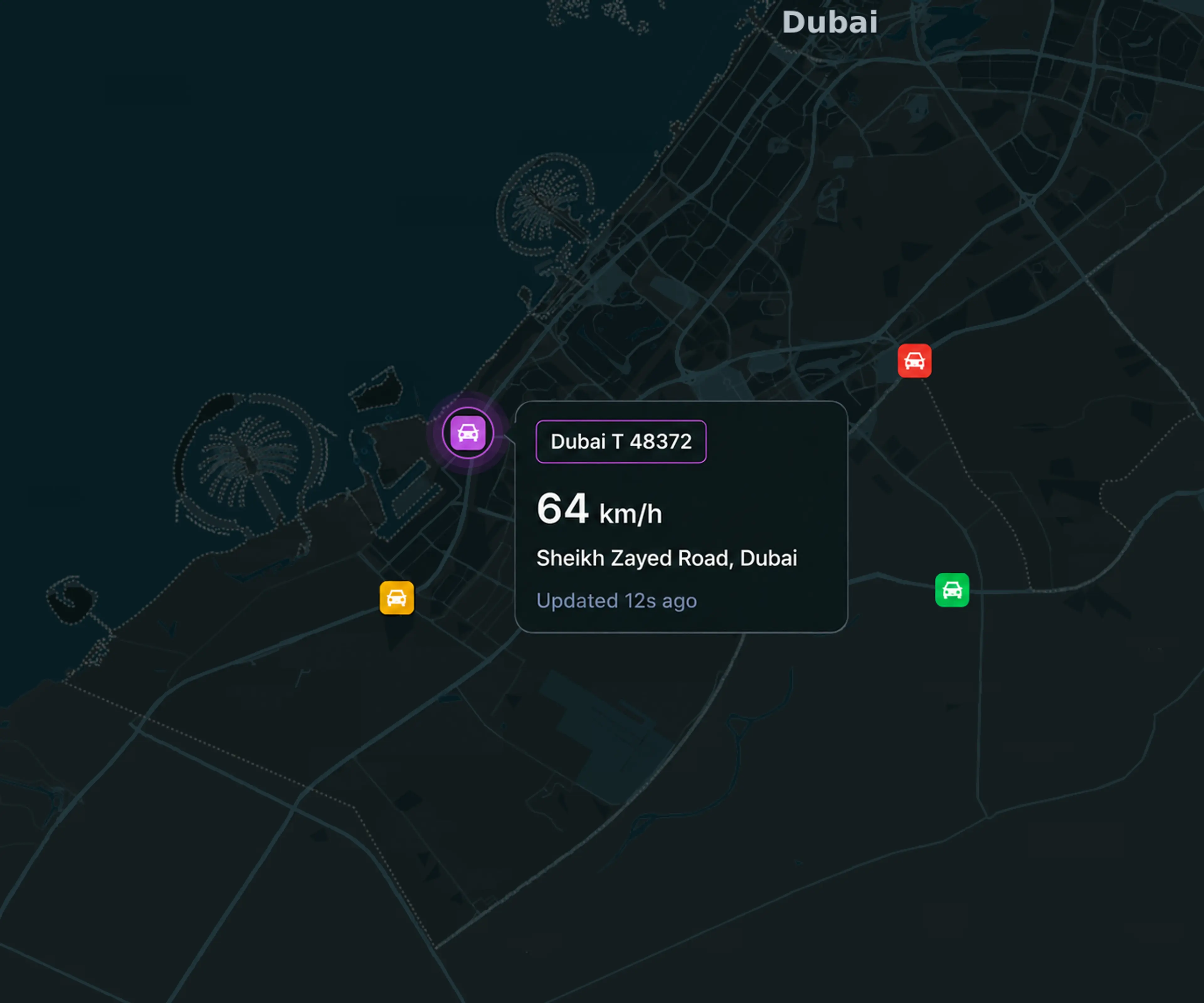 Vision360 live map with a selected vehicle and its location card showing speed, street and time since last update.