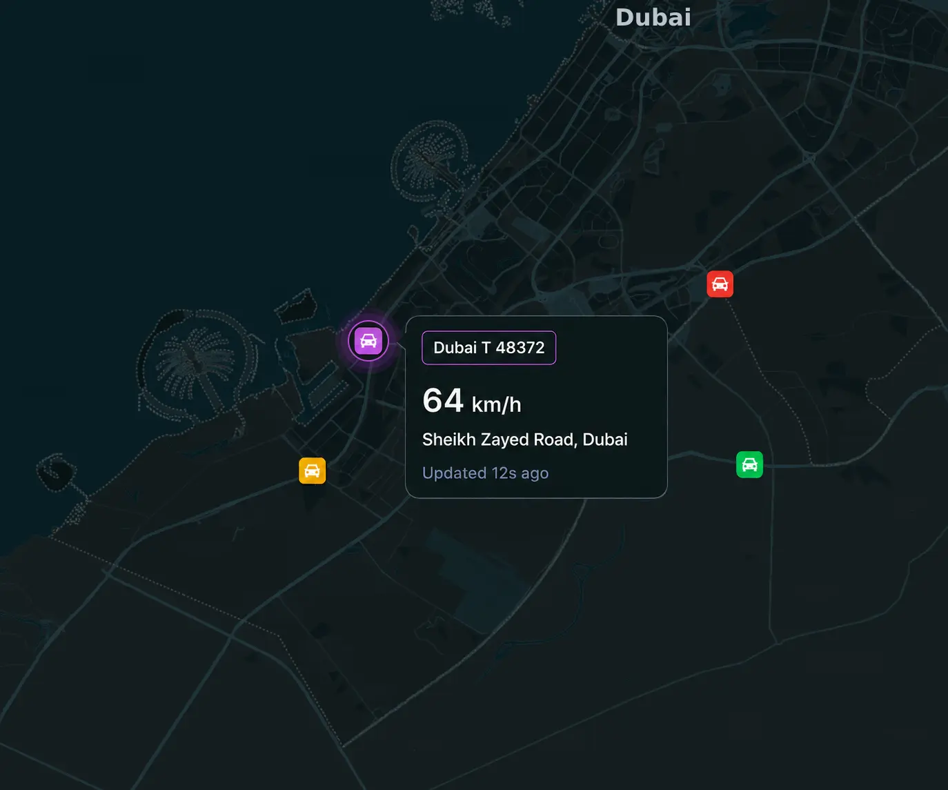 Vision360 live map with a selected vehicle and its location card showing speed, street and time since last update.