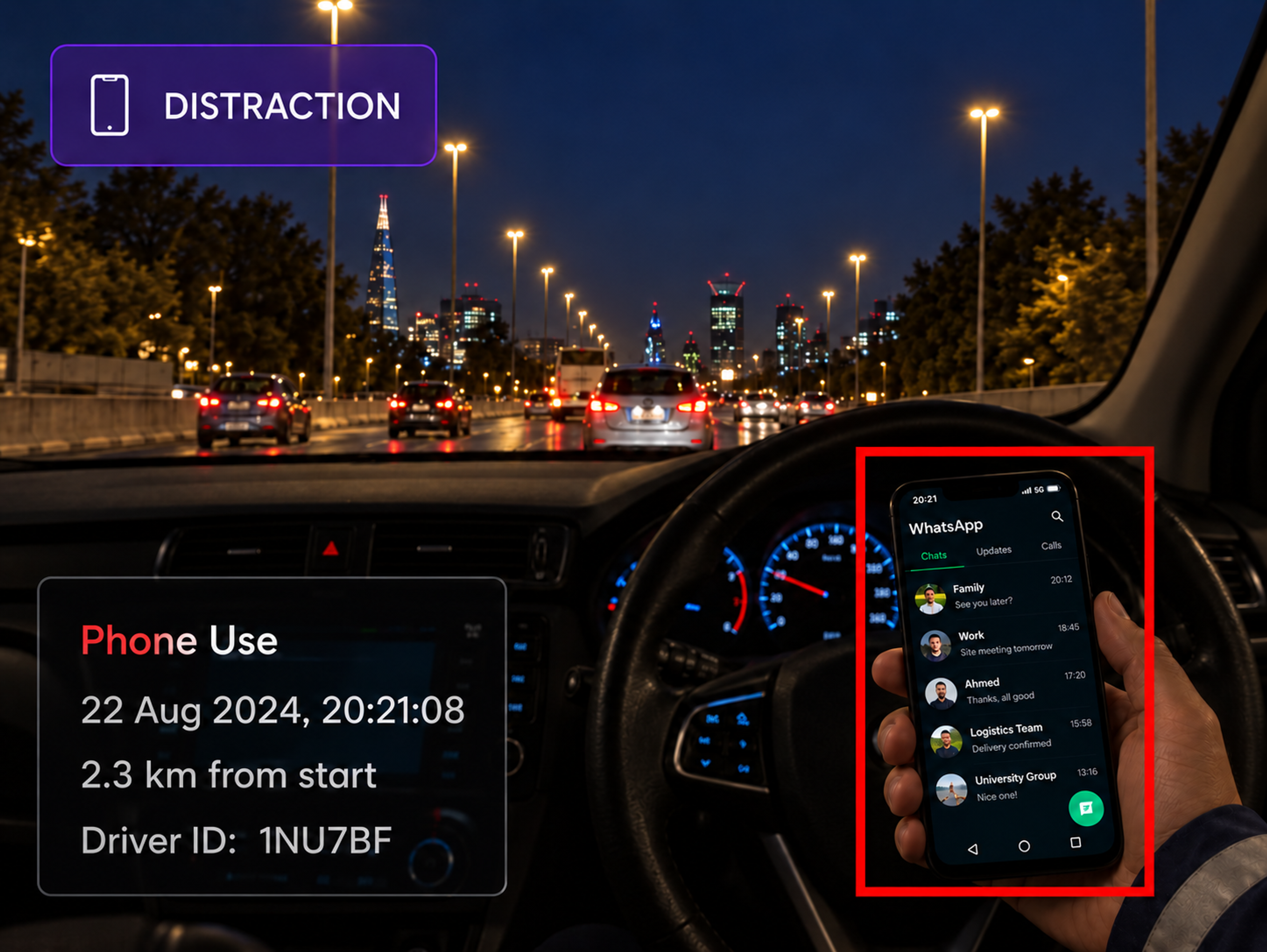 Vision360 distraction detection: a frame flagged for phone use with the event detail beside it.