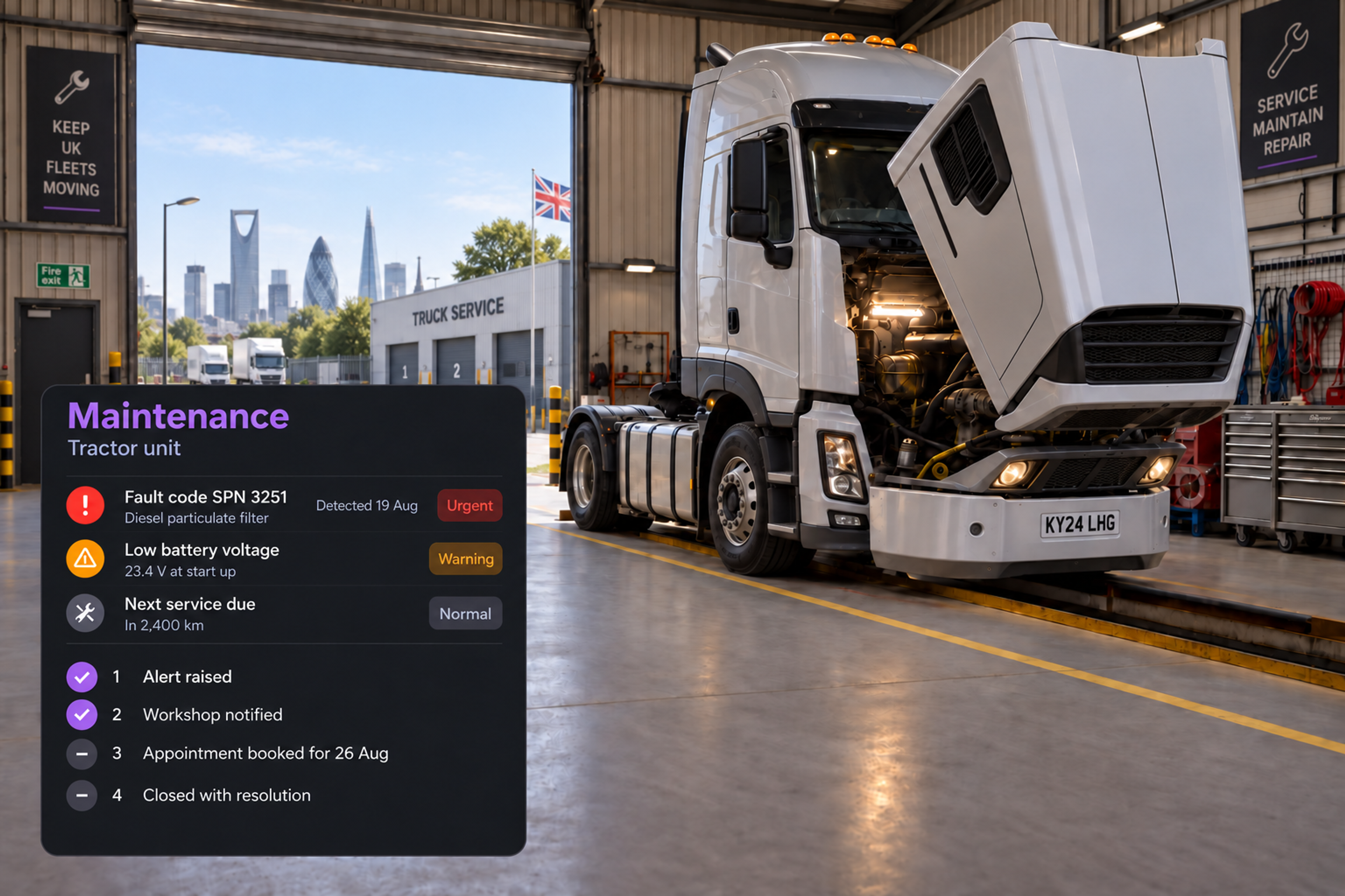Vehicle maintenance panel: three alerts beside a vehicle image, over the four-step action list. 4:3, dark UI.