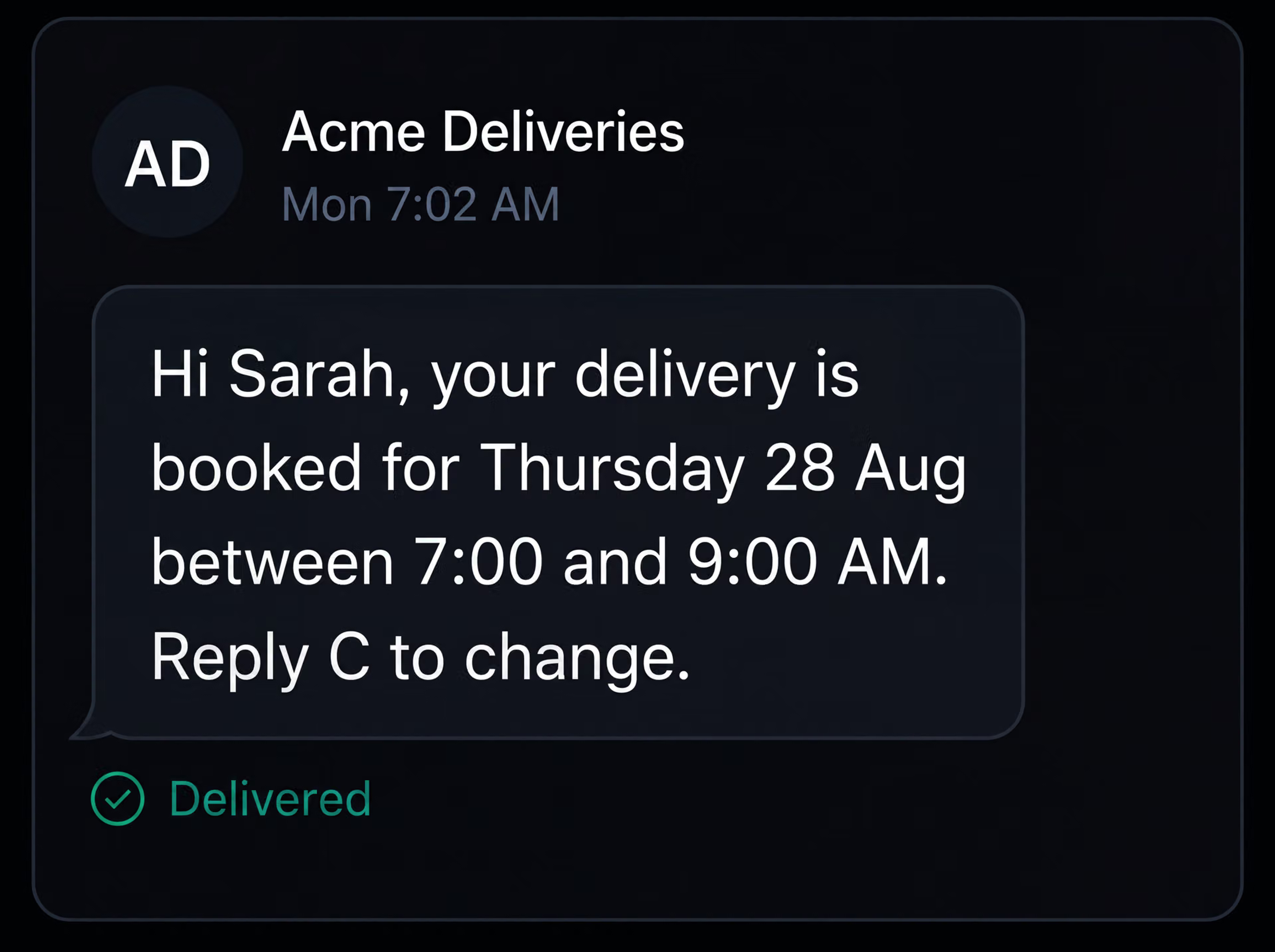 Delivery window message on a handset. 4:3.