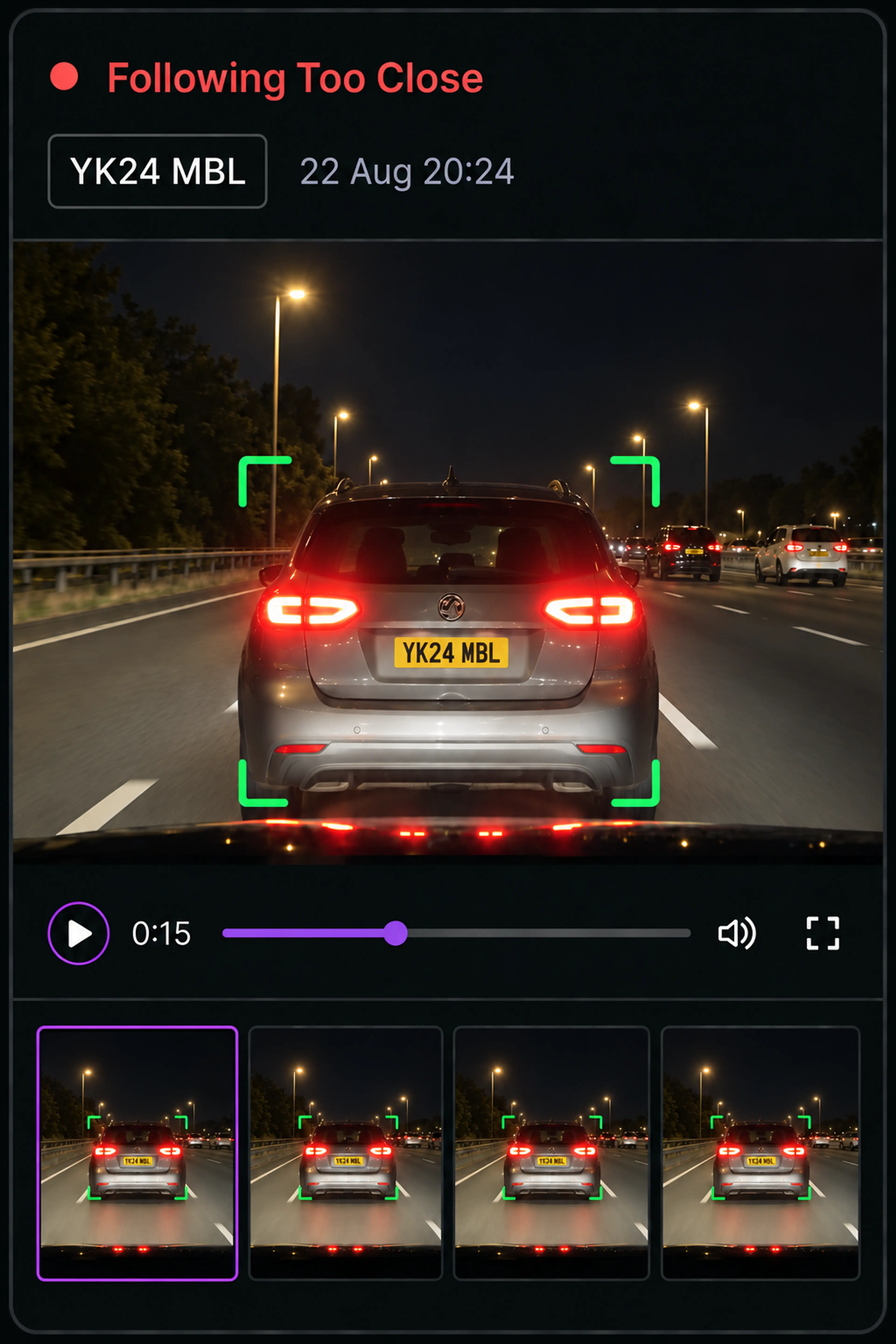 Vision360 camera event: a following-too-close alert with the video still and a strip of frames.