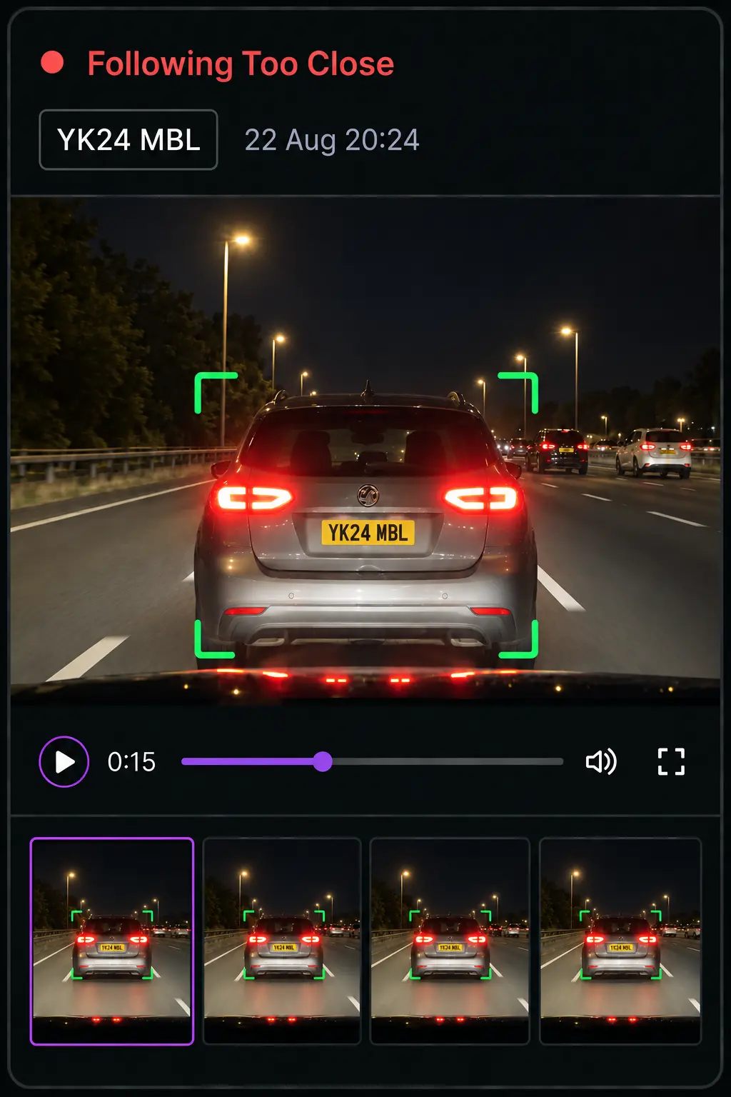 Vision360 camera event: a following-too-close alert with the video still and a strip of frames.