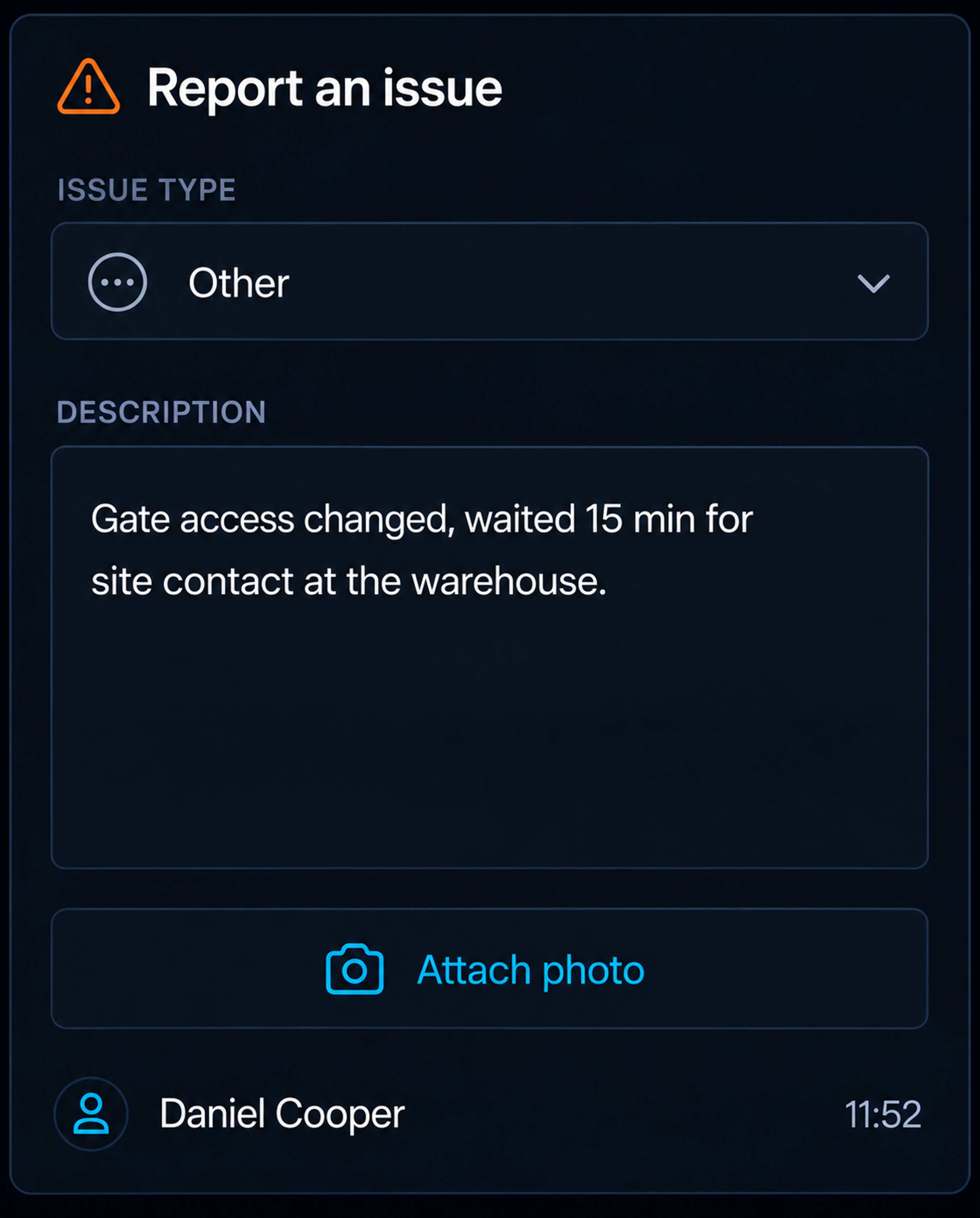 Other issue capture with a free-text note. 4:3.
