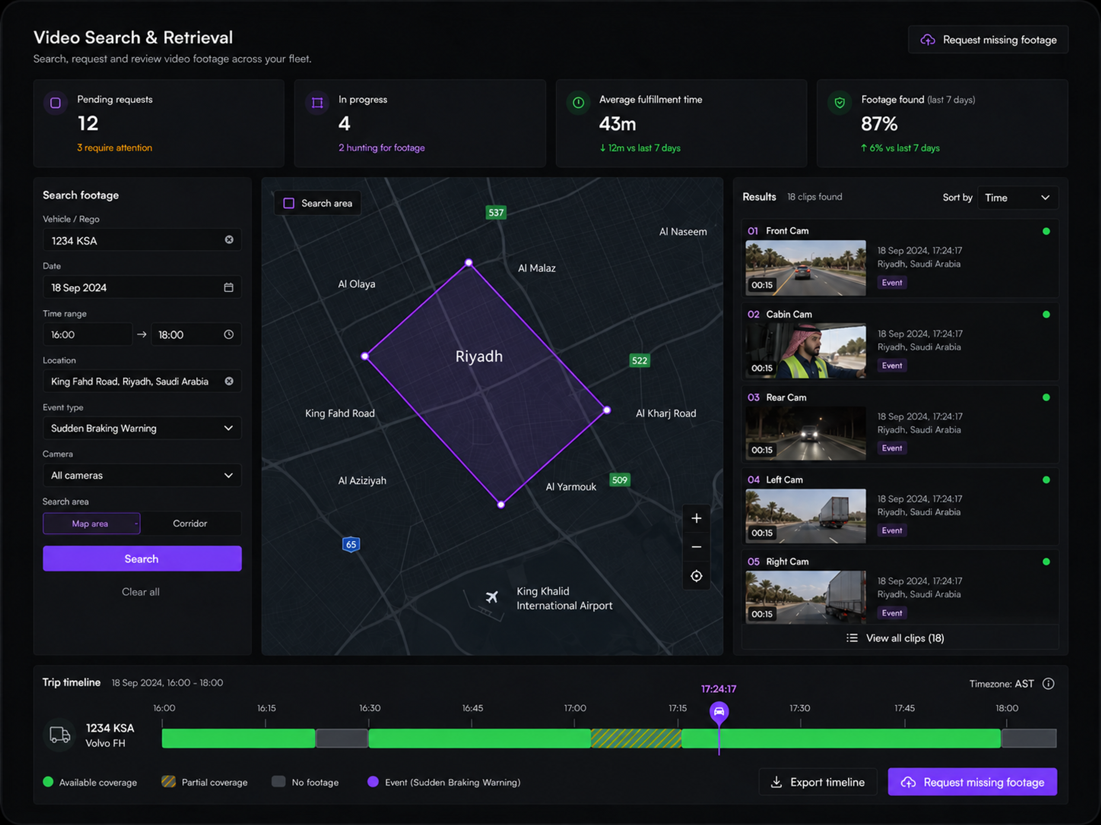 Vision360 footage search: the counters for pending requests, in progress and average fulfilment time, the search form for vehicle, date and time, location and event type, the map search with a drawn area, and the trip timeline showing available, partial and unavailable coverage. 4:3, dark UI, 2000x1500.