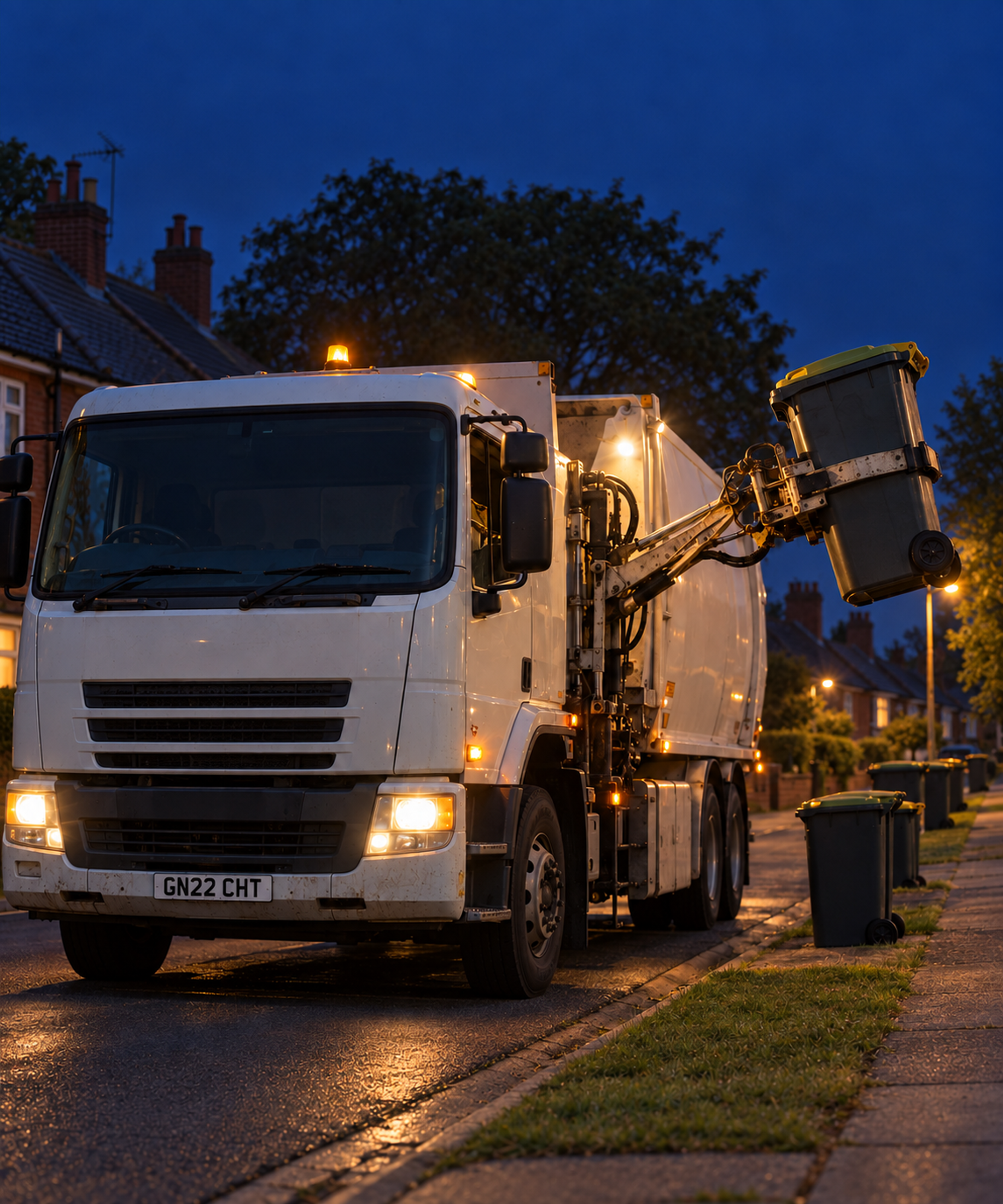 Photograph: a refuse truck on a residential street at dawn. Dark and cool, room at the top, no text in the artwork.