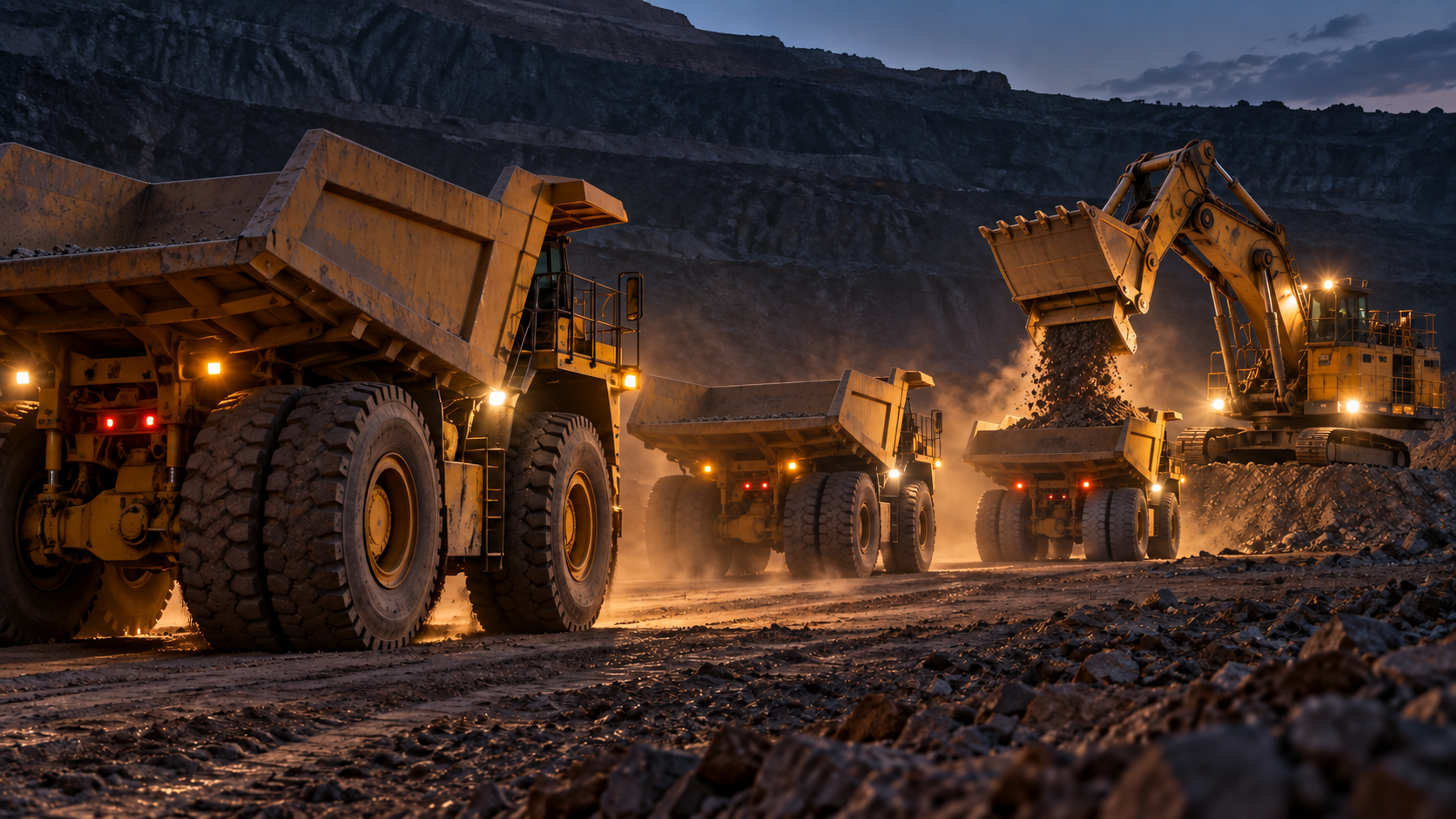Editorial image: haul trucks queued at a loading unit at dusk. No text in the artwork.
