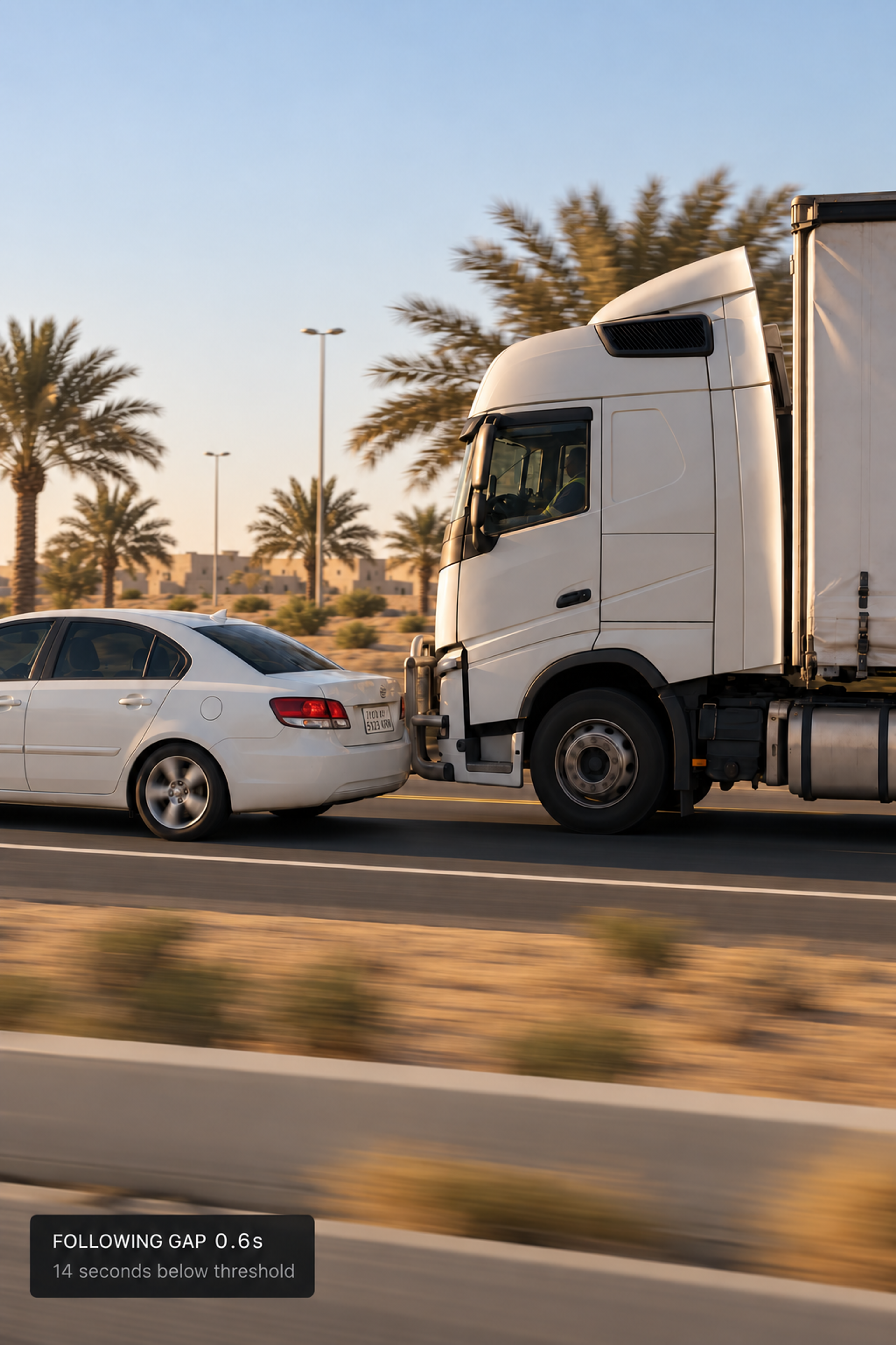 Photograph: motorway traffic from a truck's road-facing viewpoint, a vehicle close ahead. Portrait 3:4, dark and cool, room at the top for a heading, no text in the artwork.