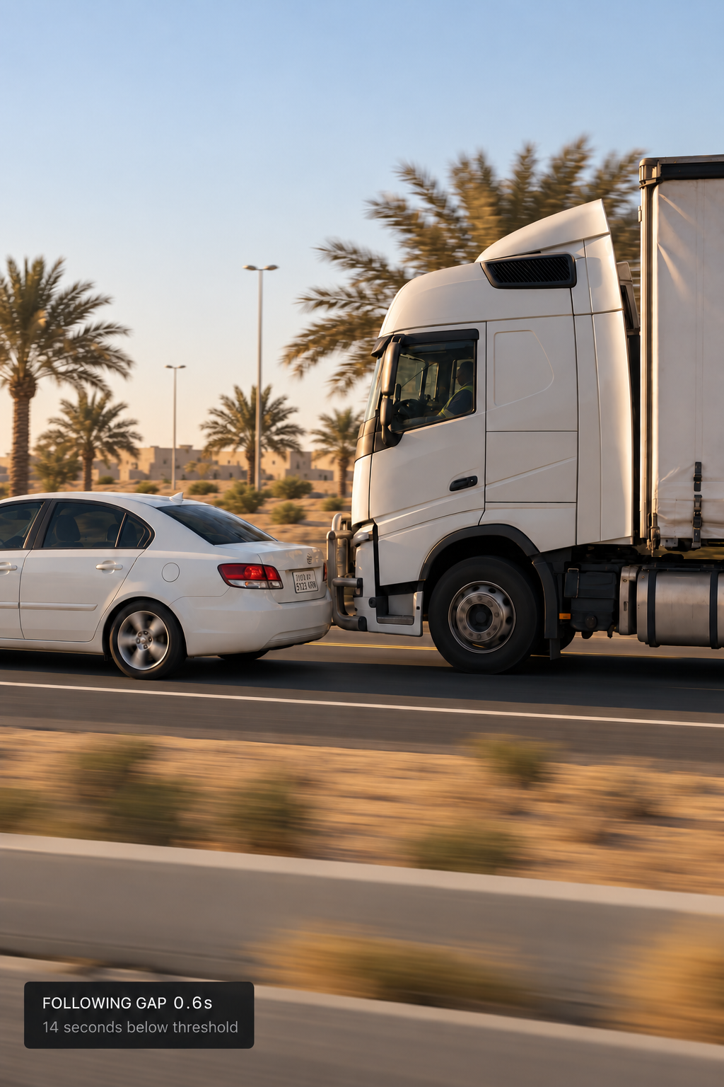 Photograph: motorway traffic from a truck's road-facing viewpoint, a vehicle close ahead. Portrait 3:4, dark and cool, room at the top for a heading, no text in the artwork.