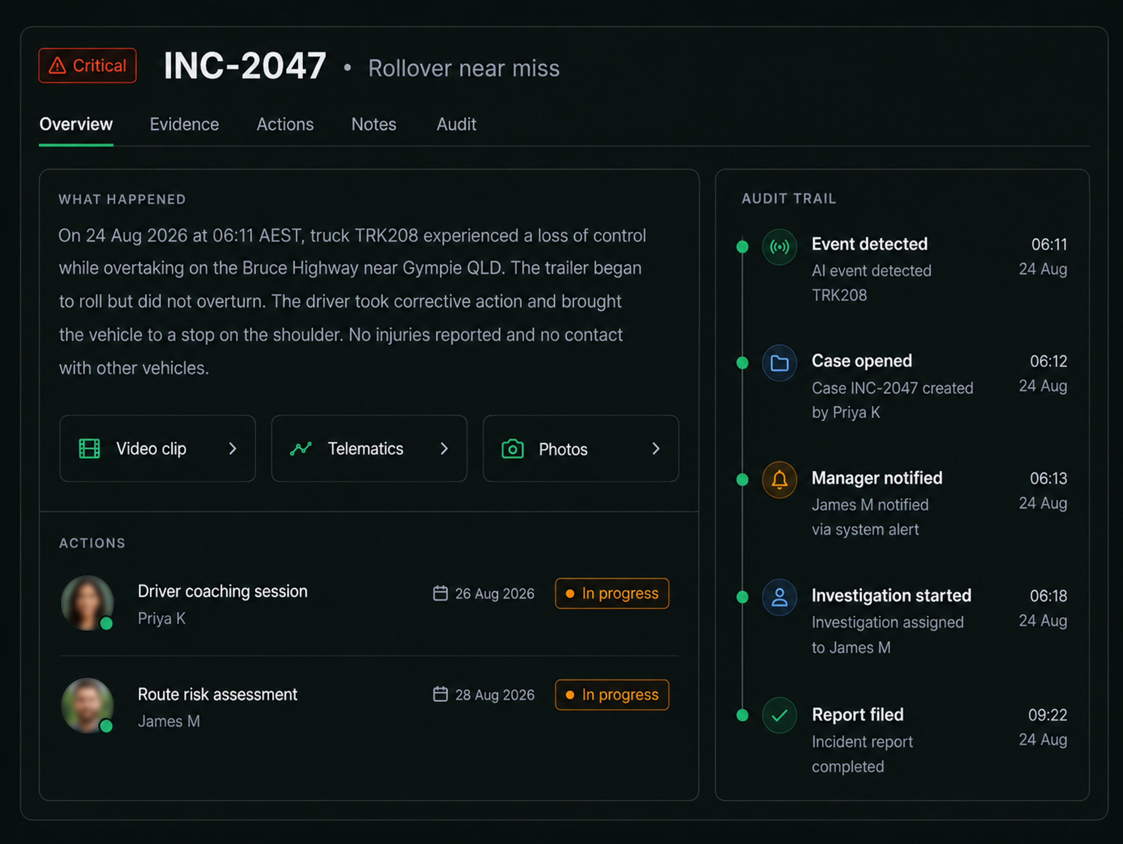 Case detail: the incident record with linked evidence, actions, notes and the audit trail.