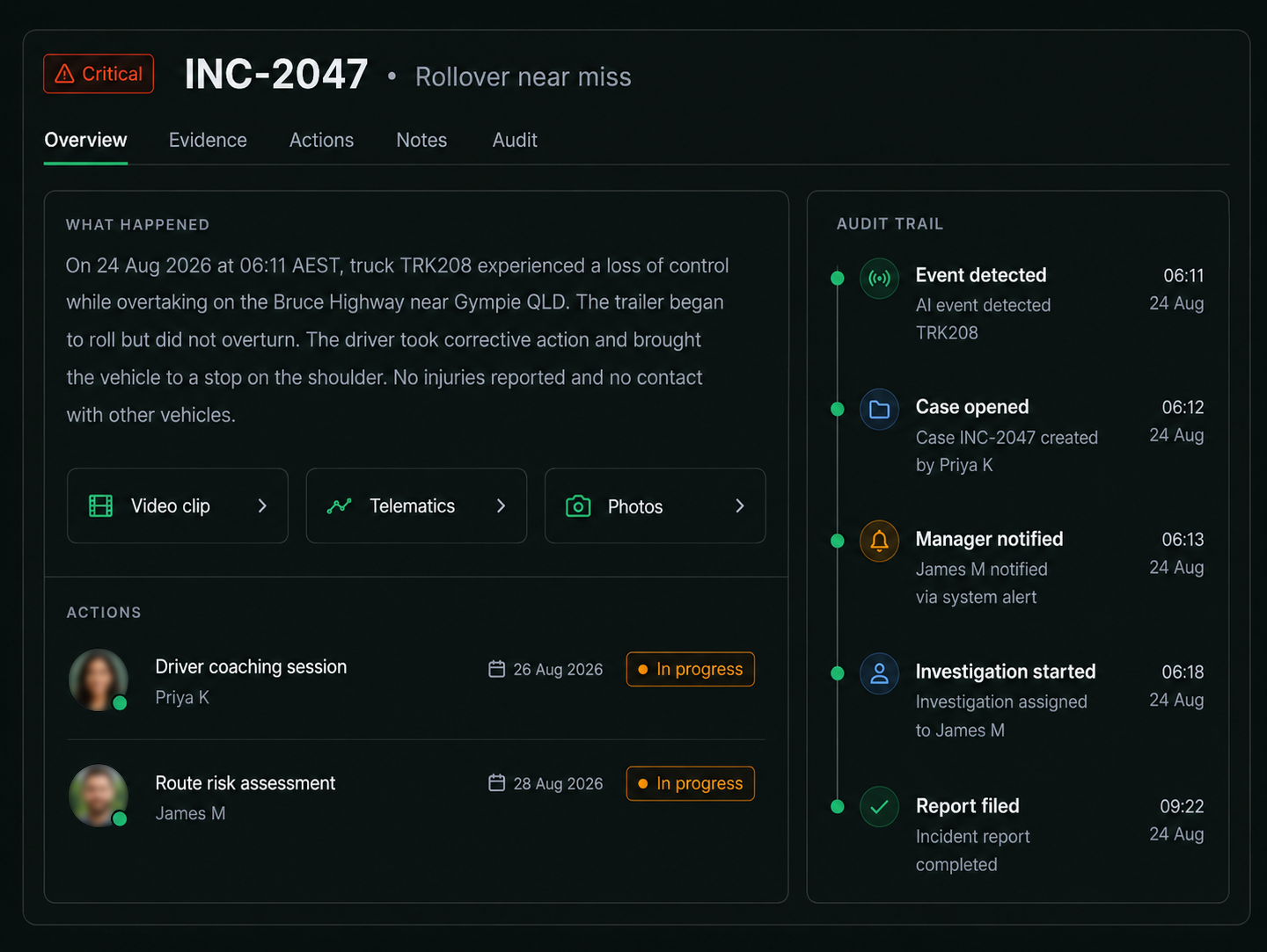 Case detail: the incident record with linked evidence, actions, notes and the audit trail.