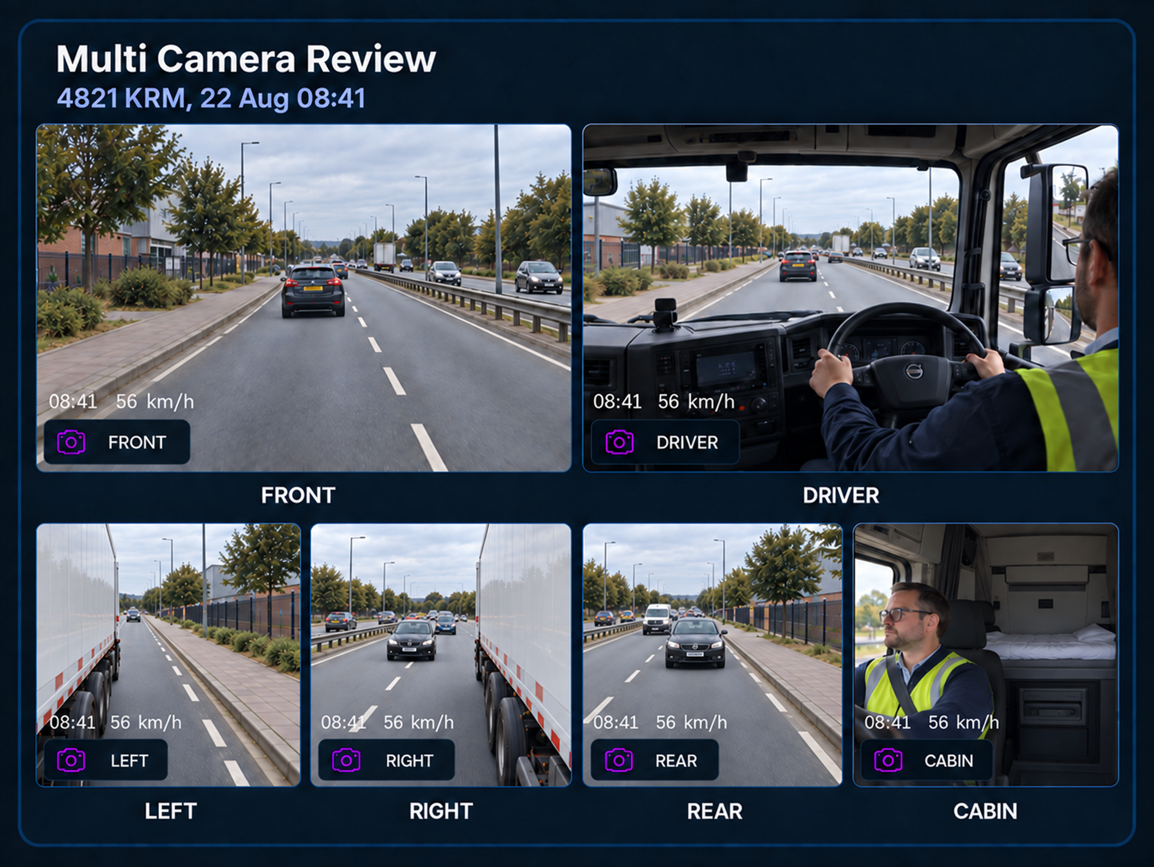 The review panel with six camera views selected, the primary front and driver views large and the remaining four below. 4:3, dark UI.