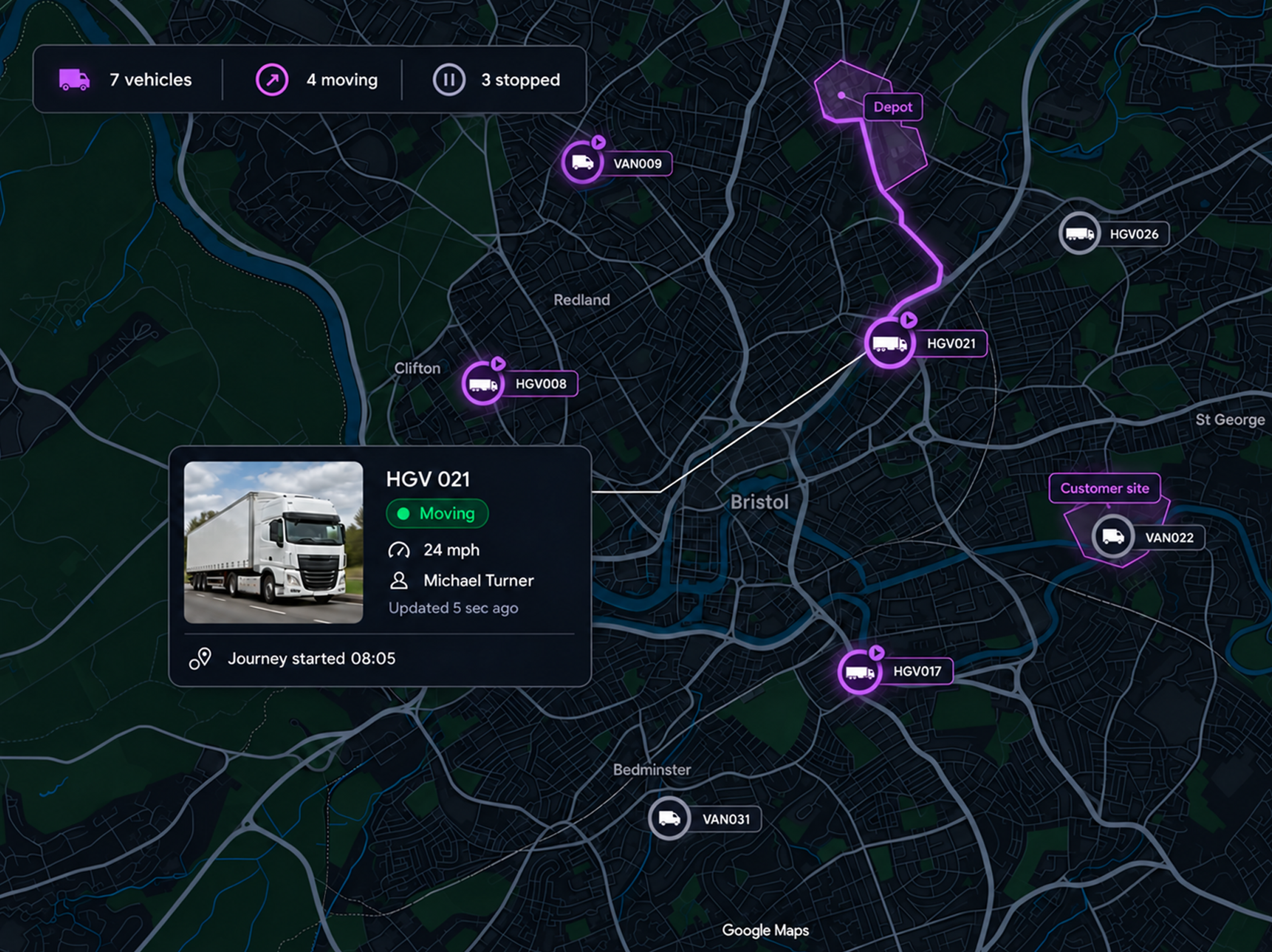 Product console: a live UK fleet map, mixed HGVs and vans, one vehicle selected with its journey drawn. Landscape 16:9, dark UI, no text small enough to read.