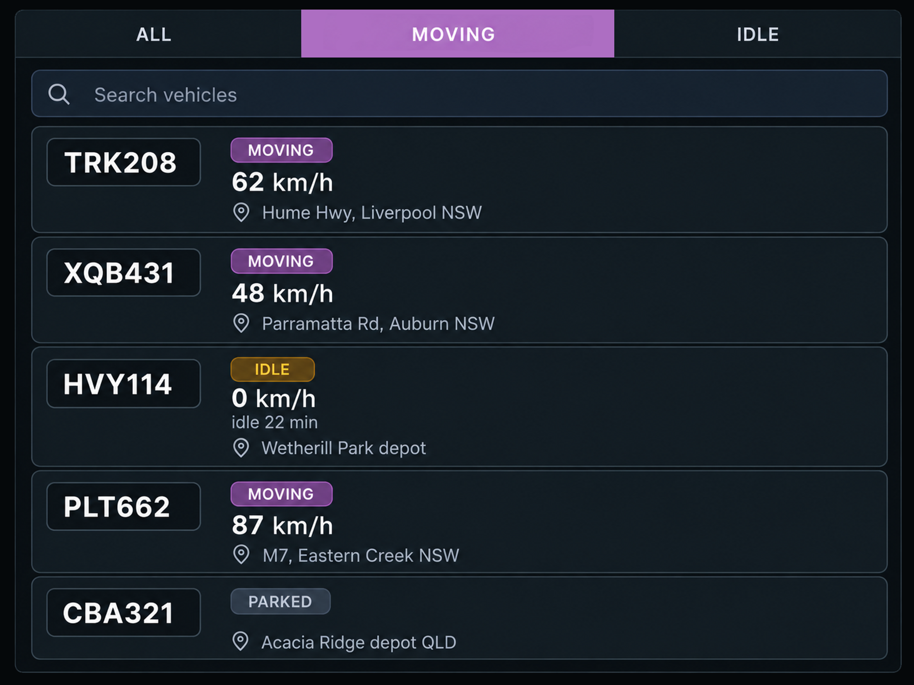 Fleet list panel filtered by status, with five vehicles showing speed, status, idle time and street location. 4:3, dark UI.