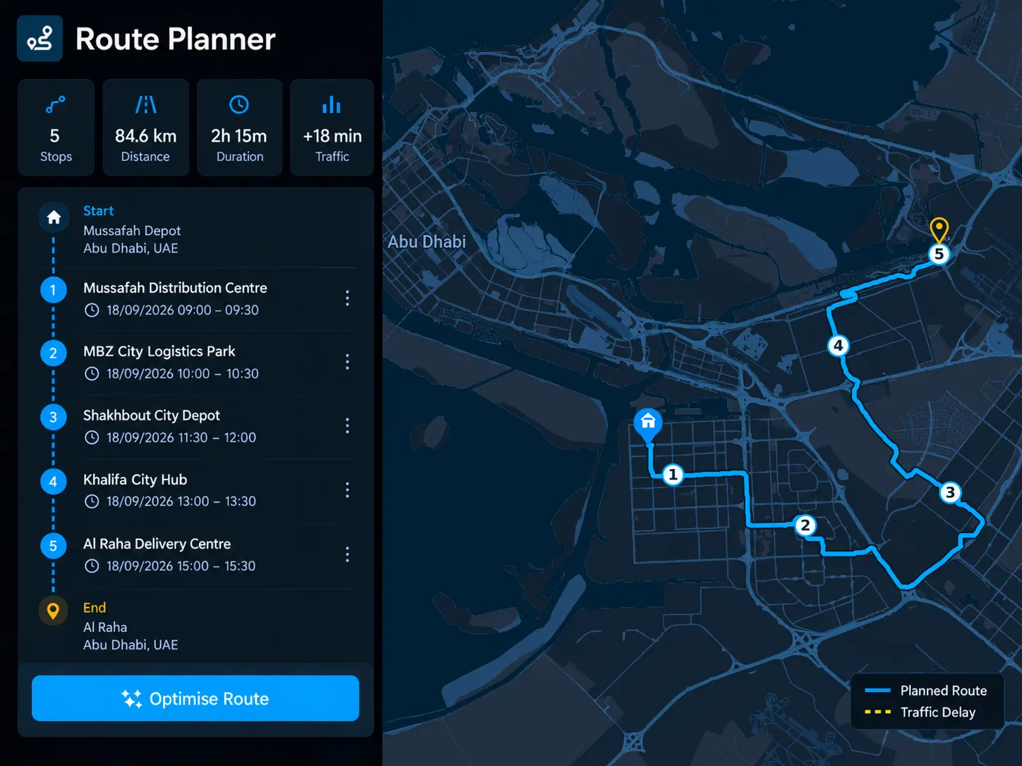 Route planner building a multi-stop run, with time windows and vehicle capacity applied