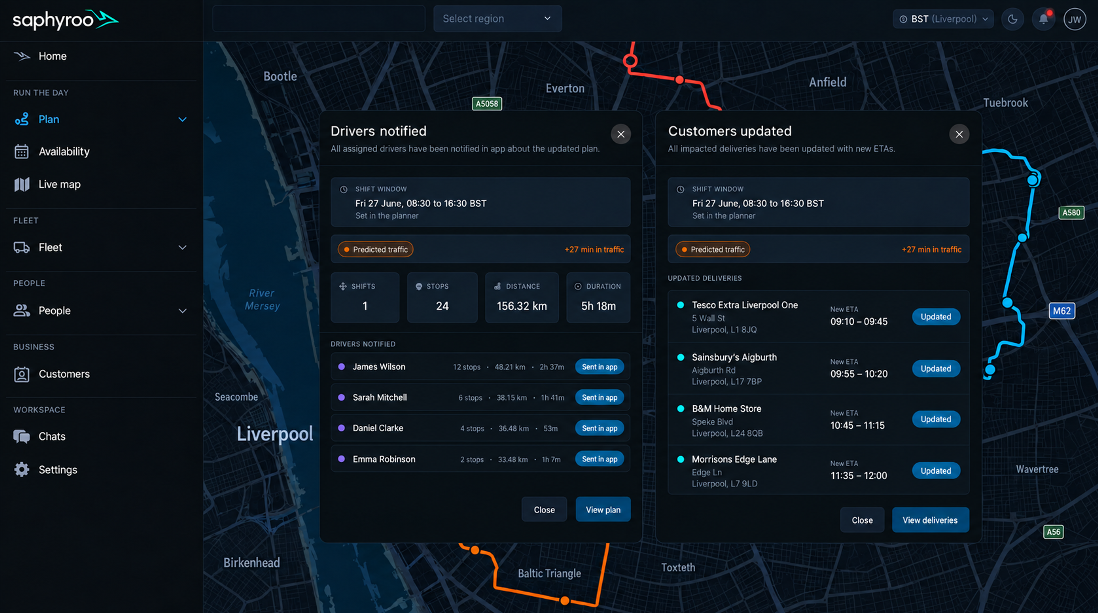 Published state: driver notified in app and customer ETAs updated, side by side. 16:9, dark UI.