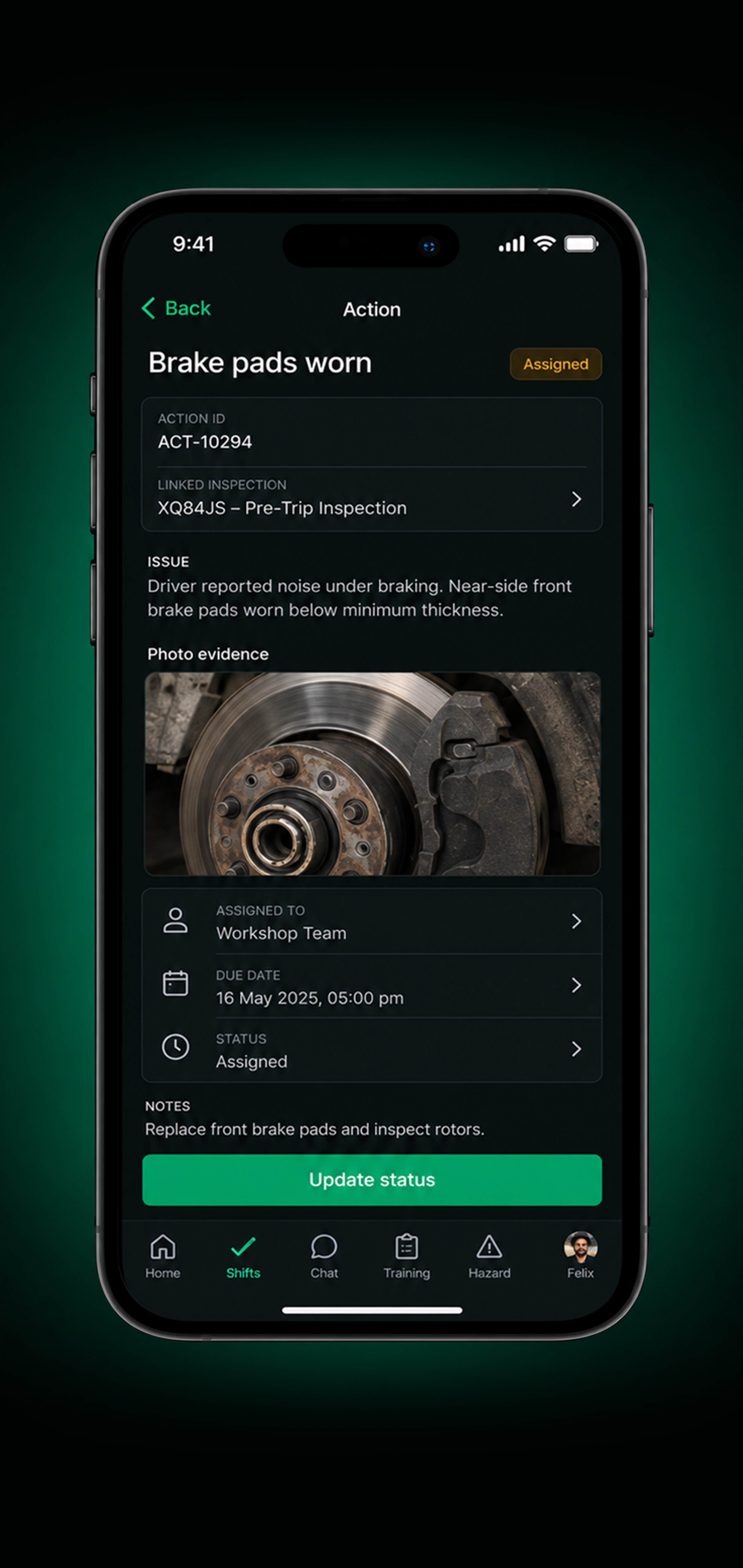 Drive360 app: compliance action with owner, due date and status