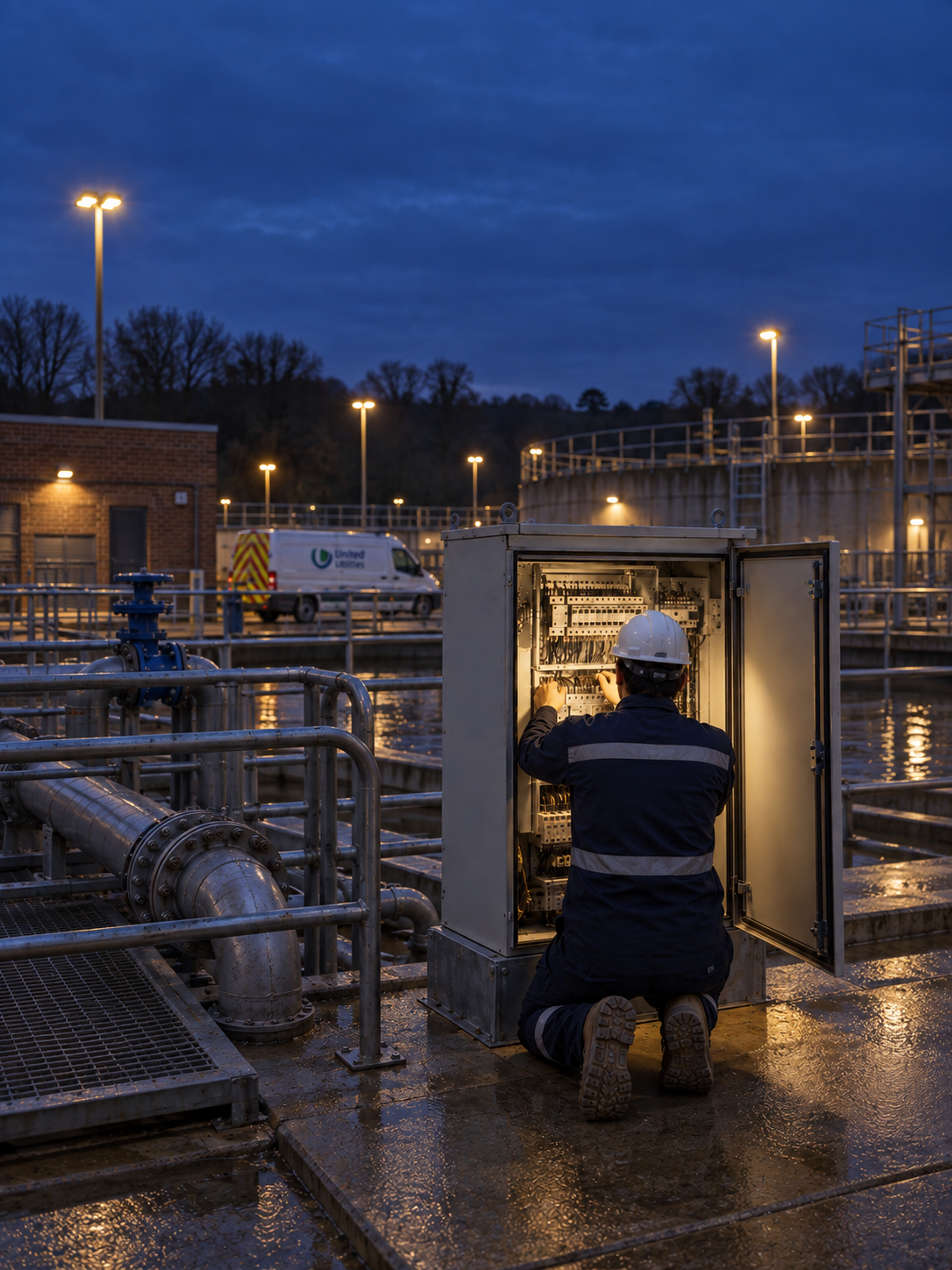 Photograph: a field technician working at a site at dusk. Dark and cool, room at the top, no text in the artwork.