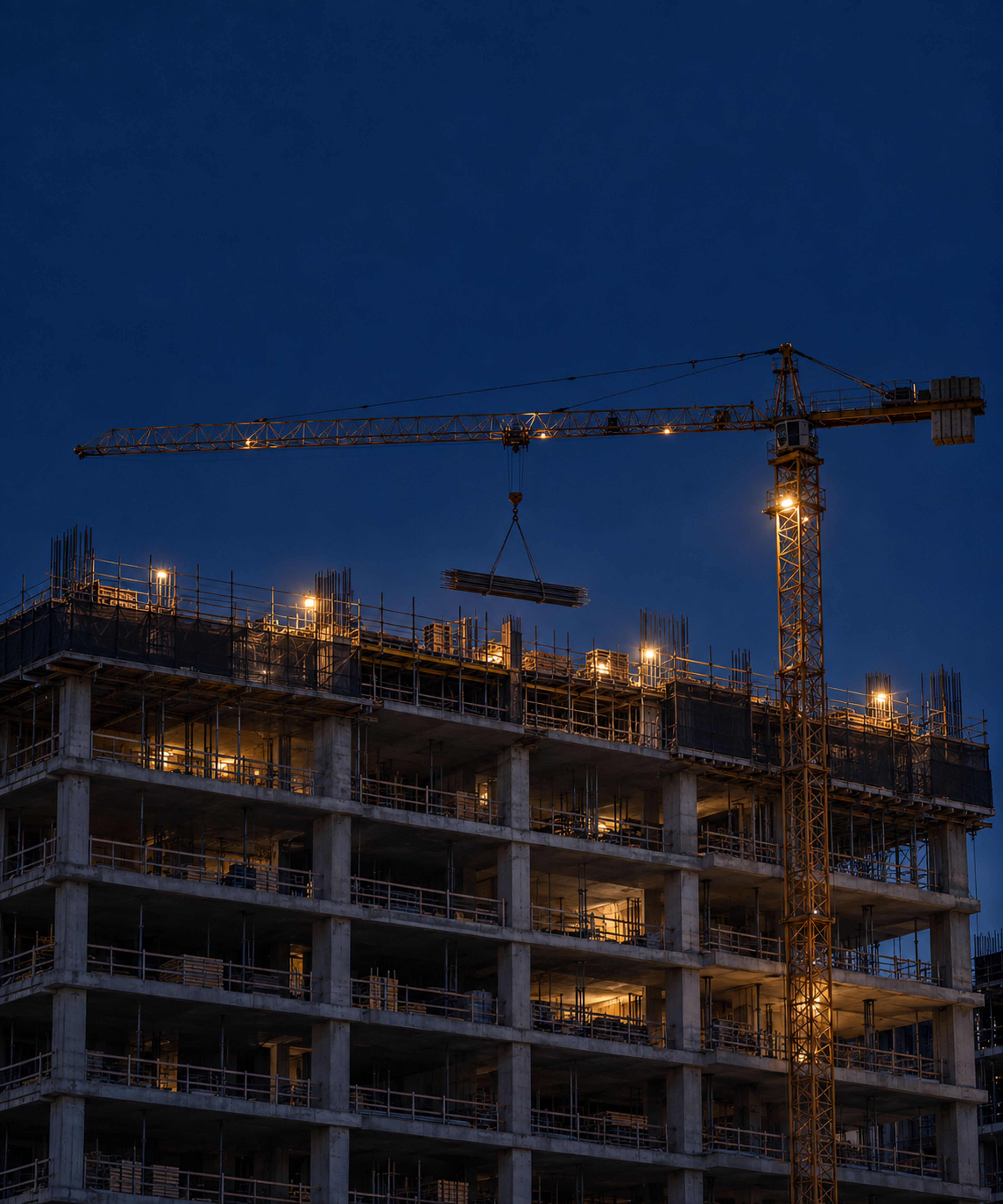 Photograph: a tower crane over a structure at dusk. Dark and cool, room at the top, no text in the artwork.