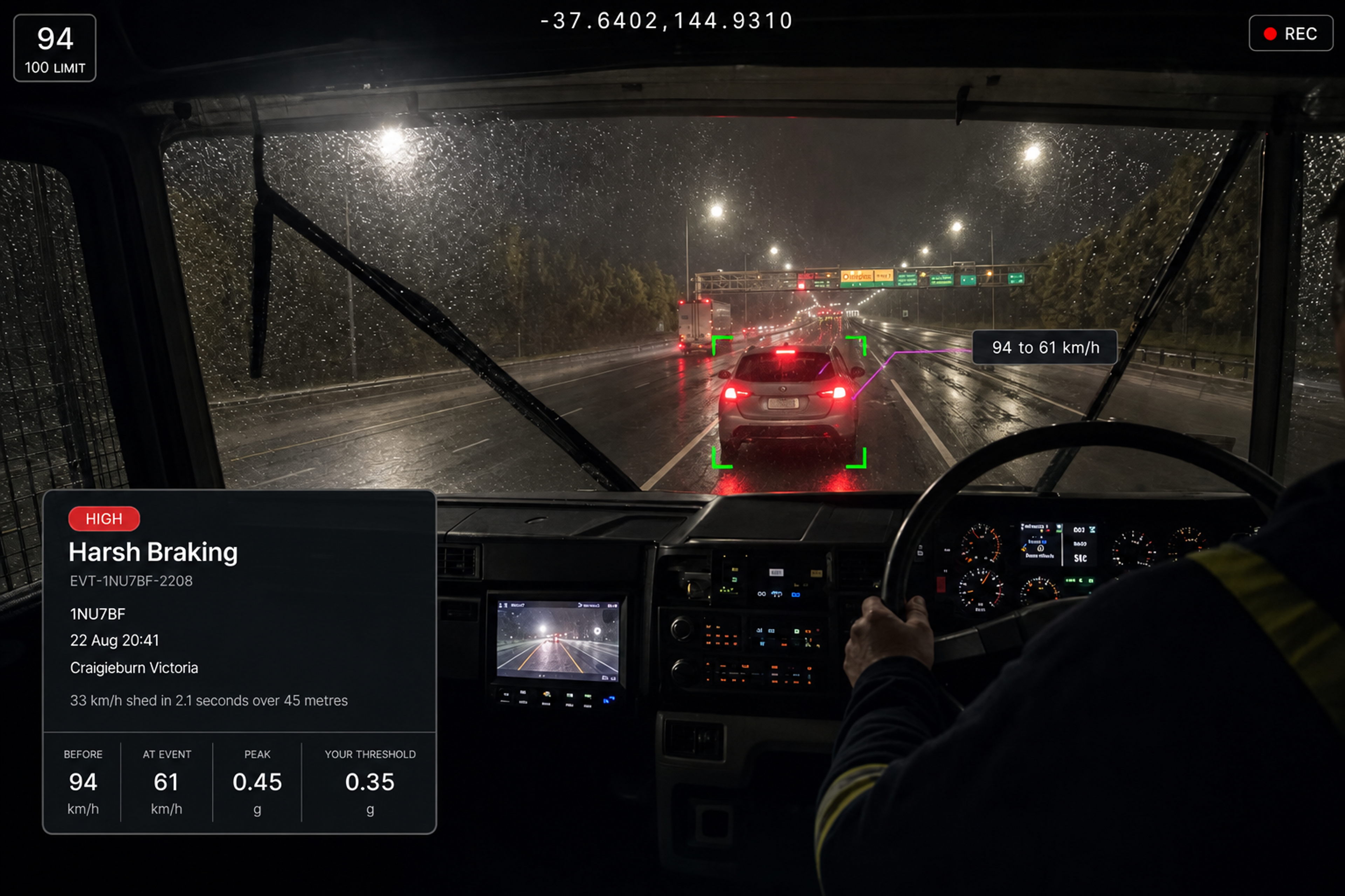 Vision360 harsh braking event review: the harsh braking header with its event ID, road-facing video in the wet with the event marker on the timeline, thirty seconds either side, the synchronised camera view strip across front, driver, left, right, rear and cabin, and the event summary with speed before, speed at event and delta. 4:3, dark UI, 2000x1500.