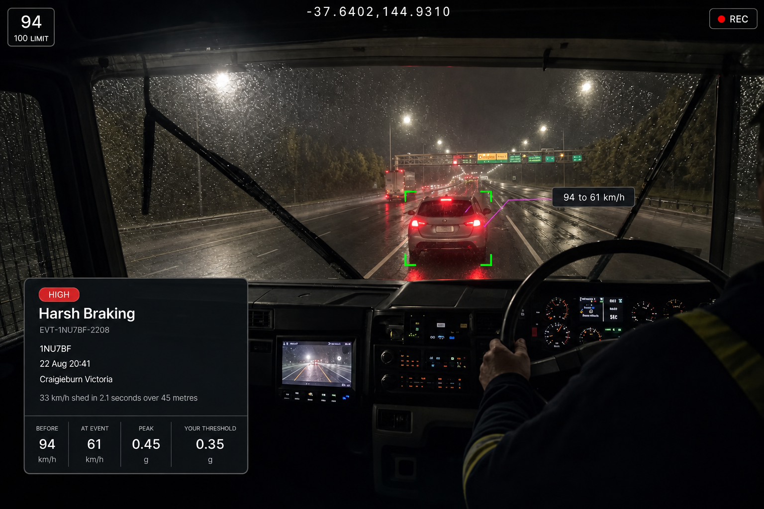 Vision360 harsh braking event review: the harsh braking header with its event ID, road-facing video in the wet with the event marker on the timeline, thirty seconds either side, the synchronised camera view strip across front, driver, left, right, rear and cabin, and the event summary with speed before, speed at event and delta. 4:3, dark UI, 2000x1500.