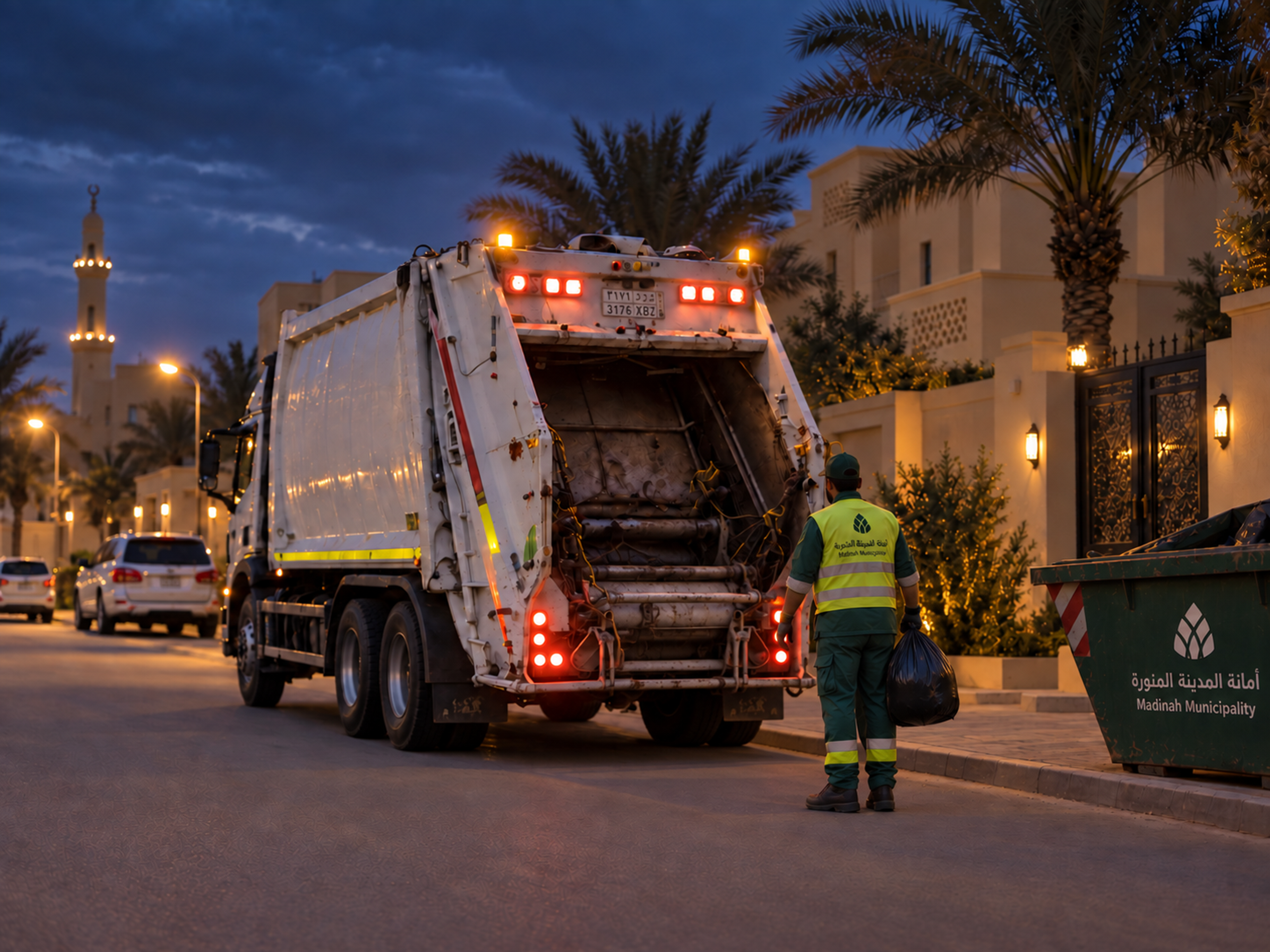 Photograph: a waste collection vehicle on a residential round early morning. Dark and cool, no text in the artwork.