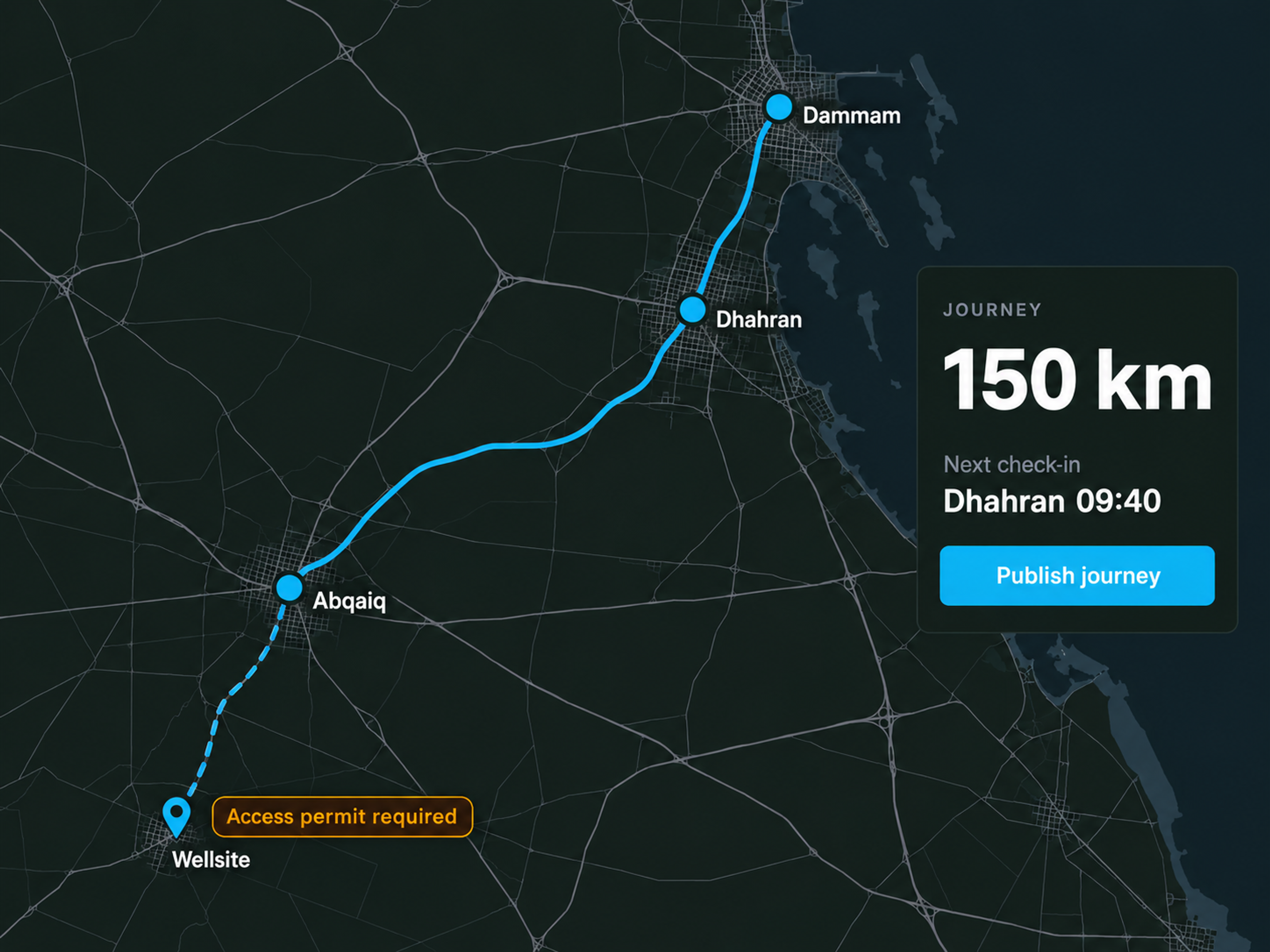 Route360 planning view: a long remote route with stops, check-in points and an access-restricted site marked. Dark UI, no text small enough to read.