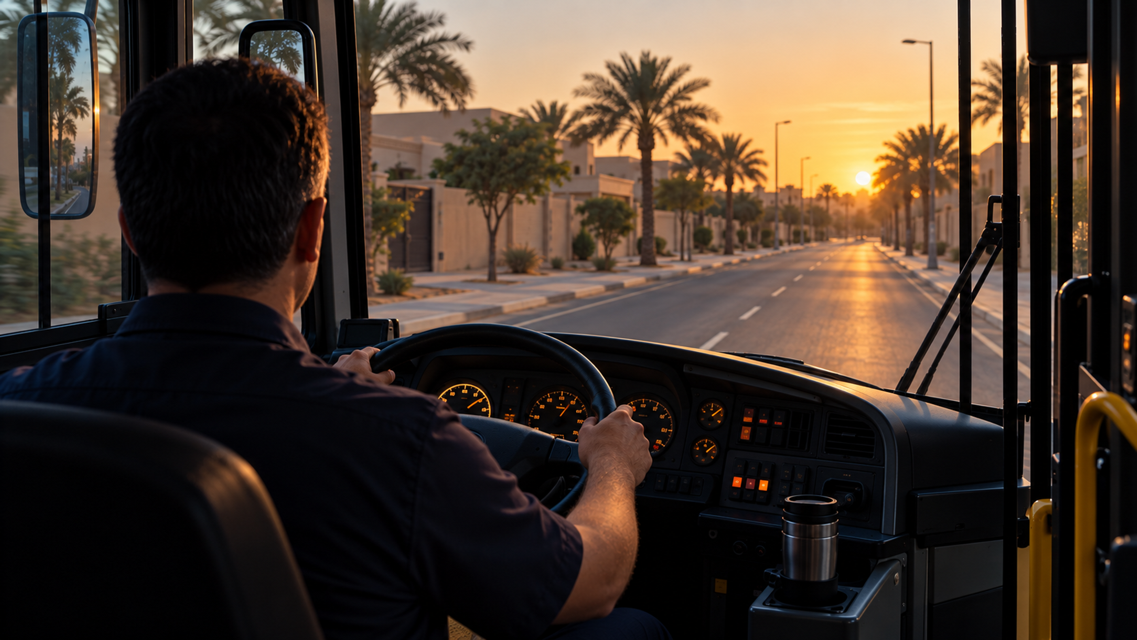 Editorial image: a driver in cab at dawn, warm light. No text in the artwork.