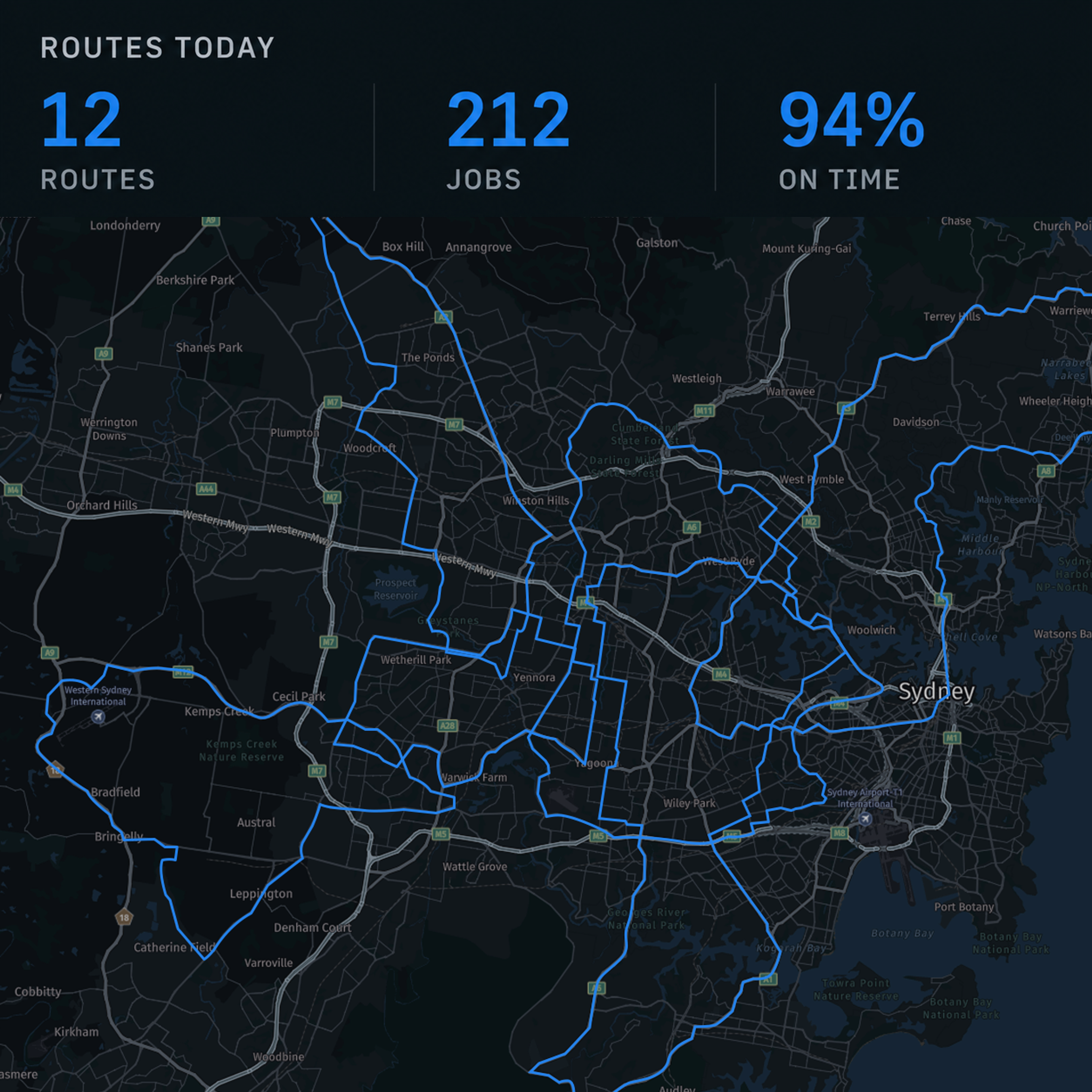 Route360 planning board: routes on a map with jobs, assigned and on-time counts.