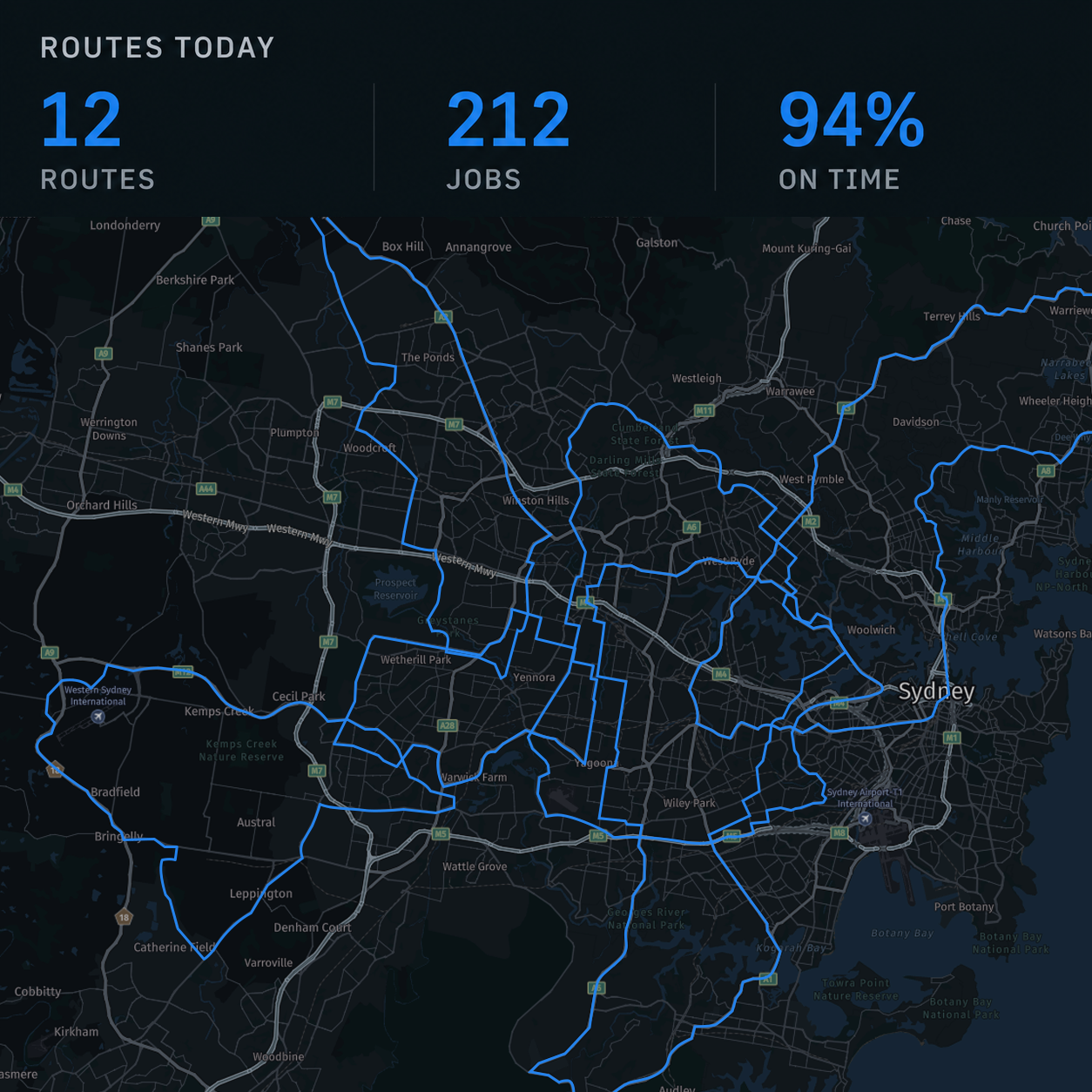 Route360 planning board: routes on a map with jobs, assigned and on-time counts.
