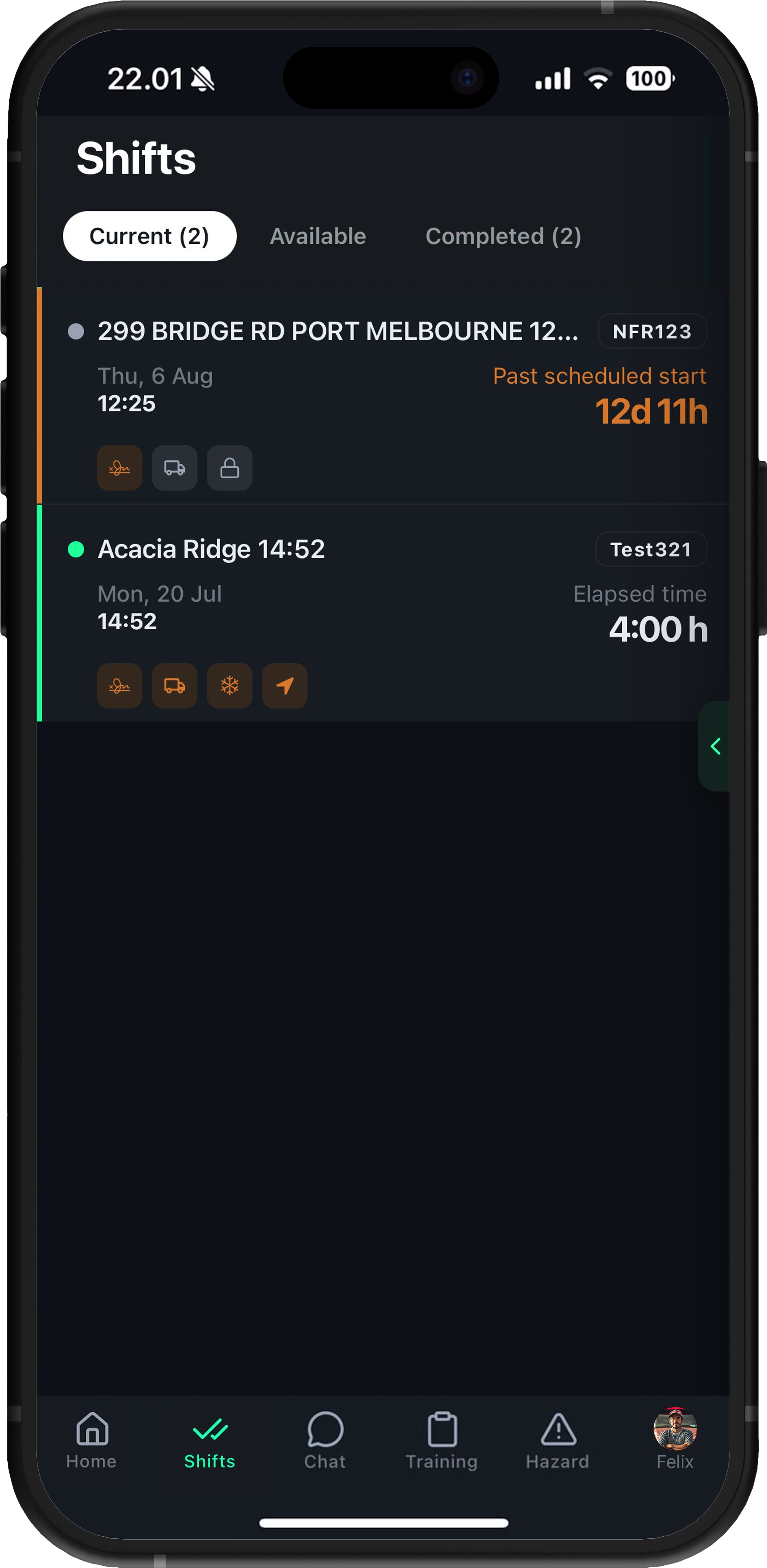 Drive360 driver app shifts screen listing current, available and completed shifts with status, scheduled start and elapsed time