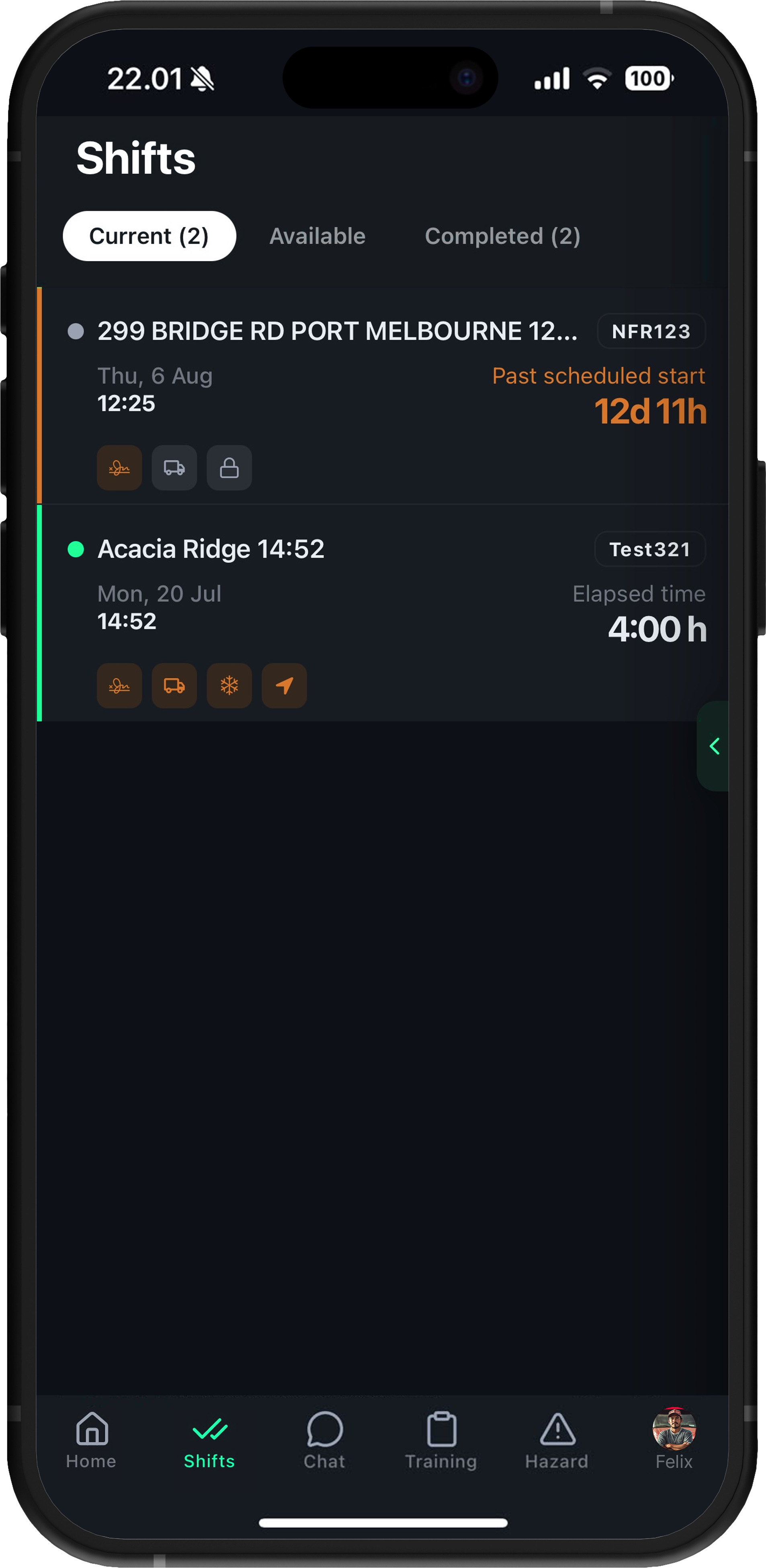 Drive360 driver app shifts screen listing current, available and completed shifts with status, scheduled start and elapsed time