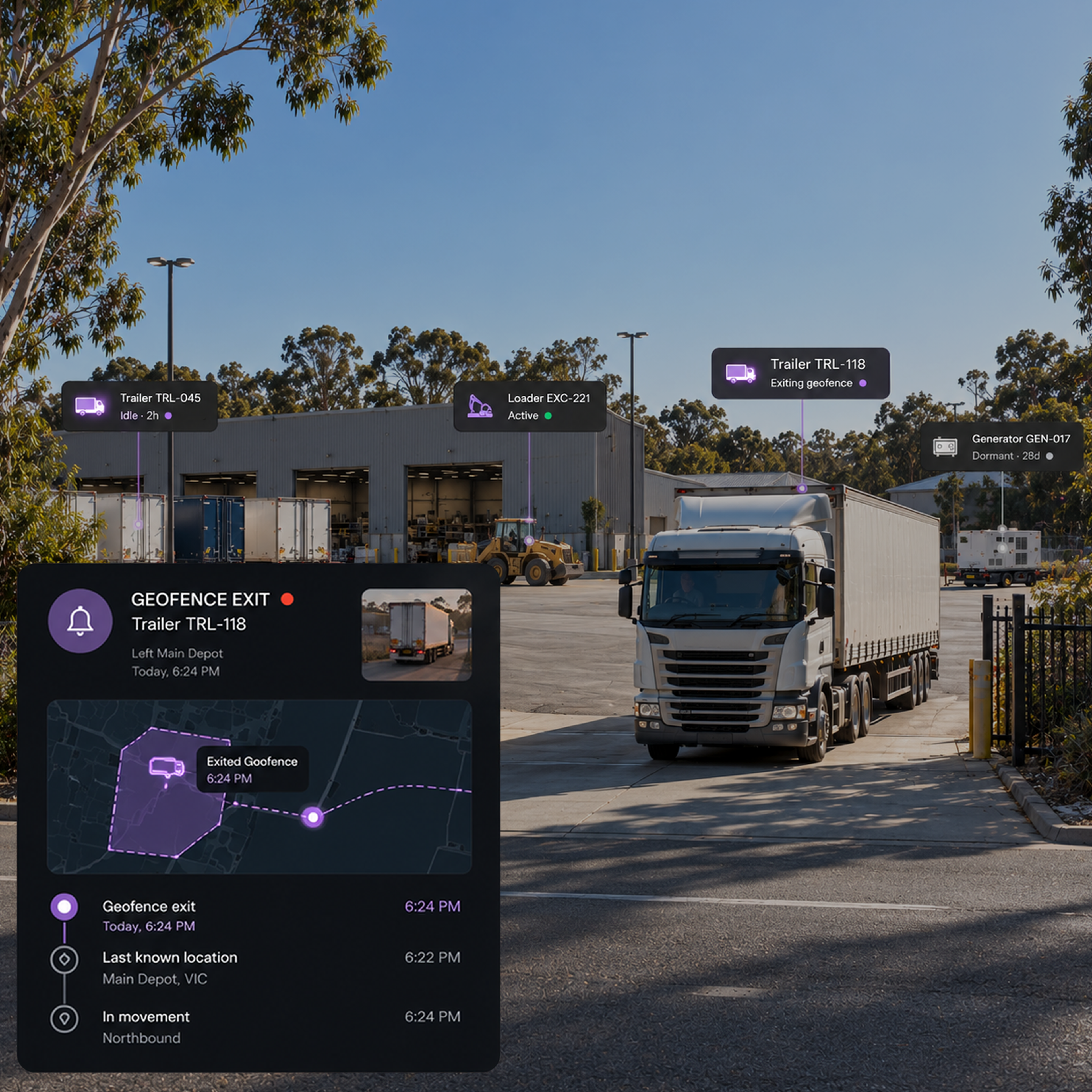 Asset protection workflow: geofence exit, alert raised, investigate with location history, then action, drawn as four connected steps over a map. 4:3, dark UI.