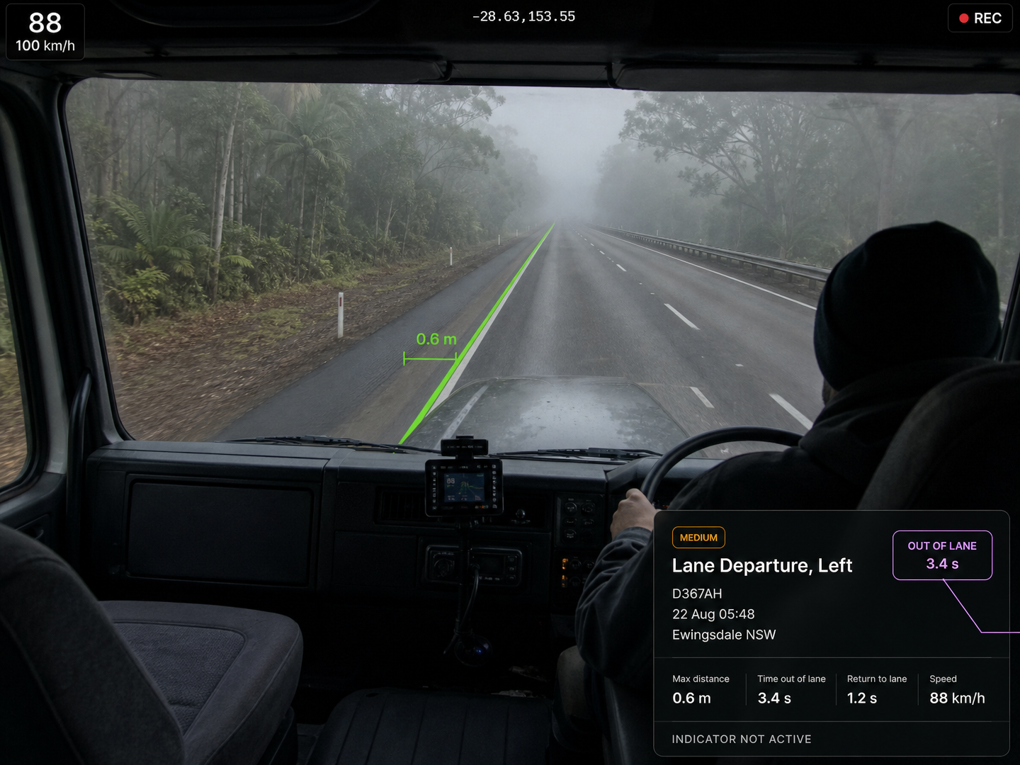 Vision360 lane departure event review: road-facing video with the lane boundary highlighted and a left lane departure overlay, the metric row for max distance from lane, time out of lane, speed, direction and return to lane, the five seconds either side strip, the data quality row, and the event summary. 4:3, dark UI, 2000x1500.