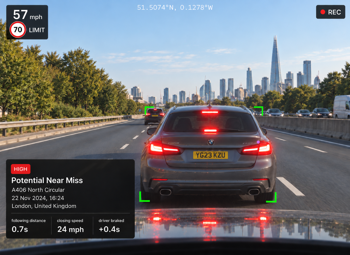 Vision360 near-miss event review: the potential near-miss header, road-facing video with the lead vehicle boxed and an estimated time to collision overlay, the event summary with confidence, the key metrics list, and the ten seconds before and after strip. 4:3, dark UI, 2000x1500.