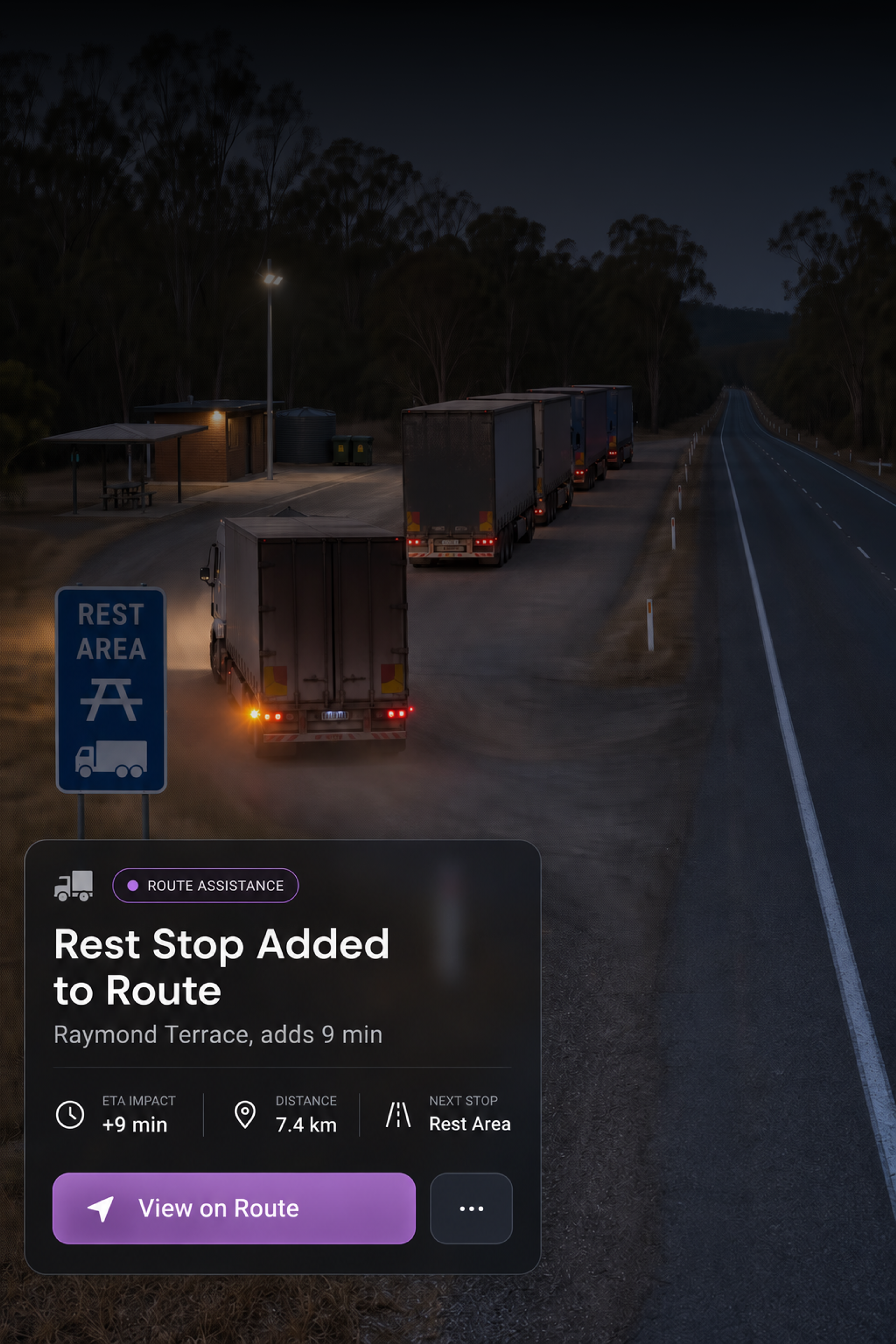 Photograph: a truck pulled into a lit rest area at night, seen from a distance. Portrait 3:4, dark and cool, room at the top for a heading, no text in the artwork.