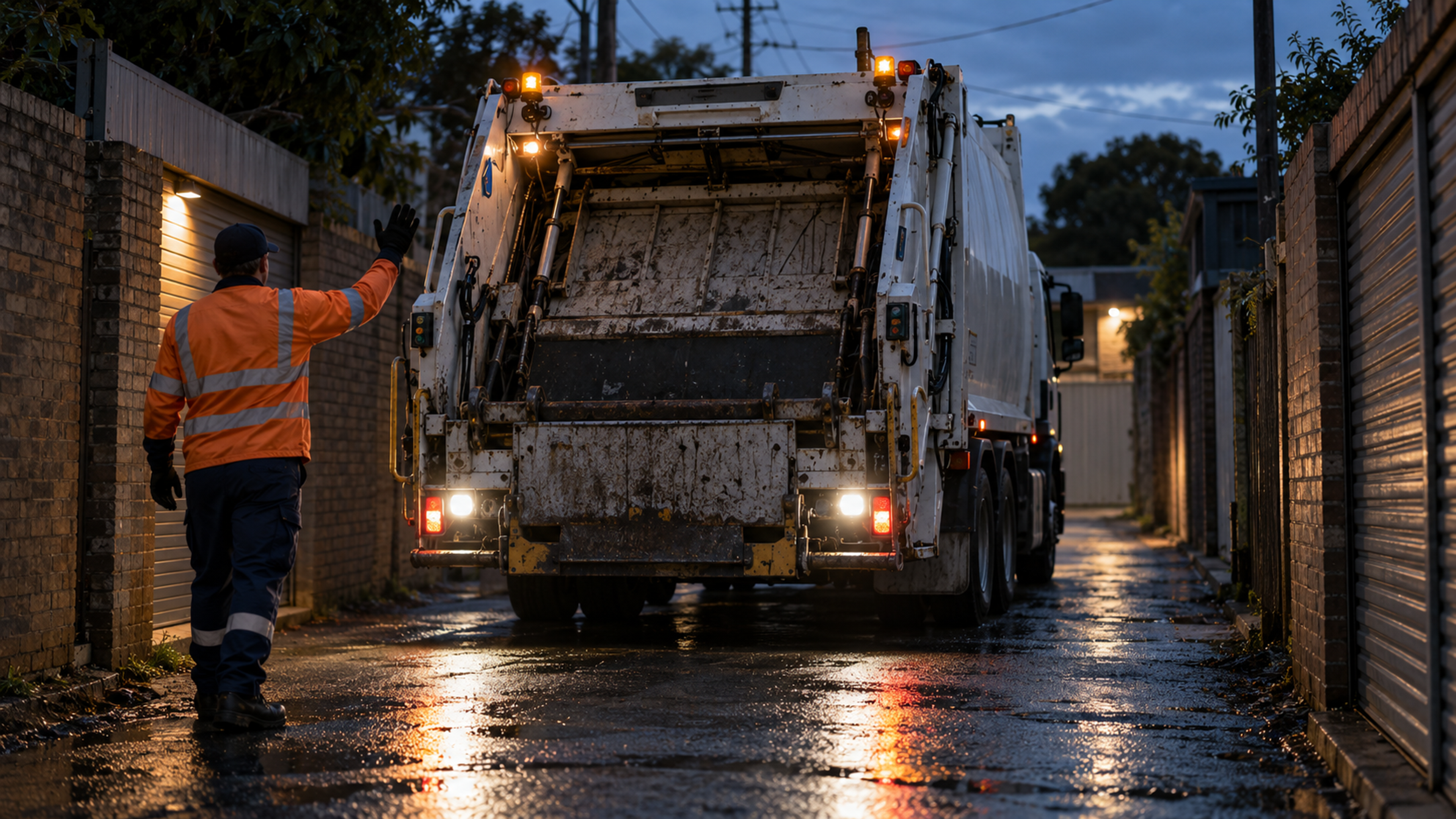 Editorial image: a refuse truck reversing on a narrow street. No text in the artwork.