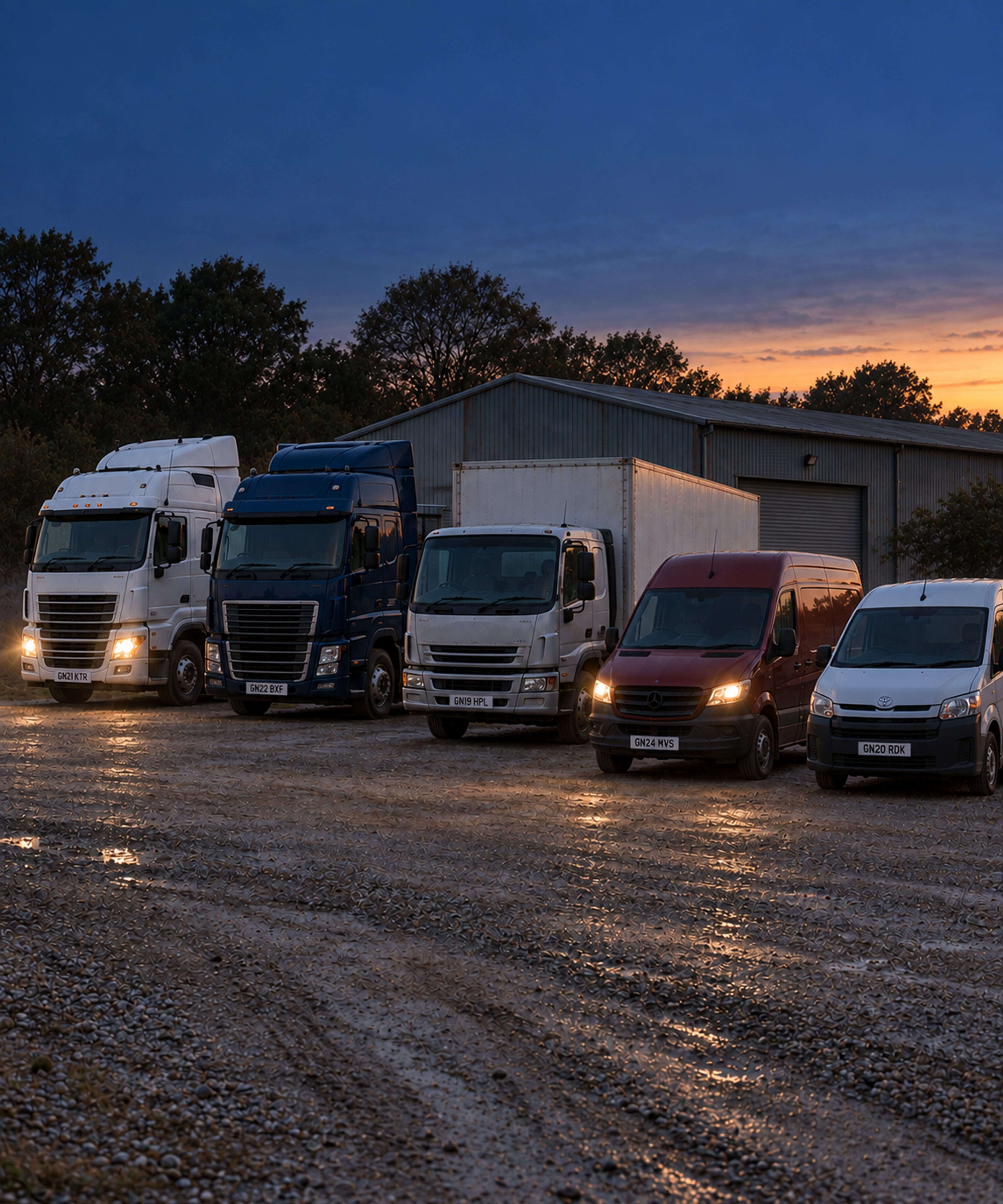 Photograph: a mixed fleet lined up at a depot at first light. Dark and cool, room at the top, no text in the artwork.