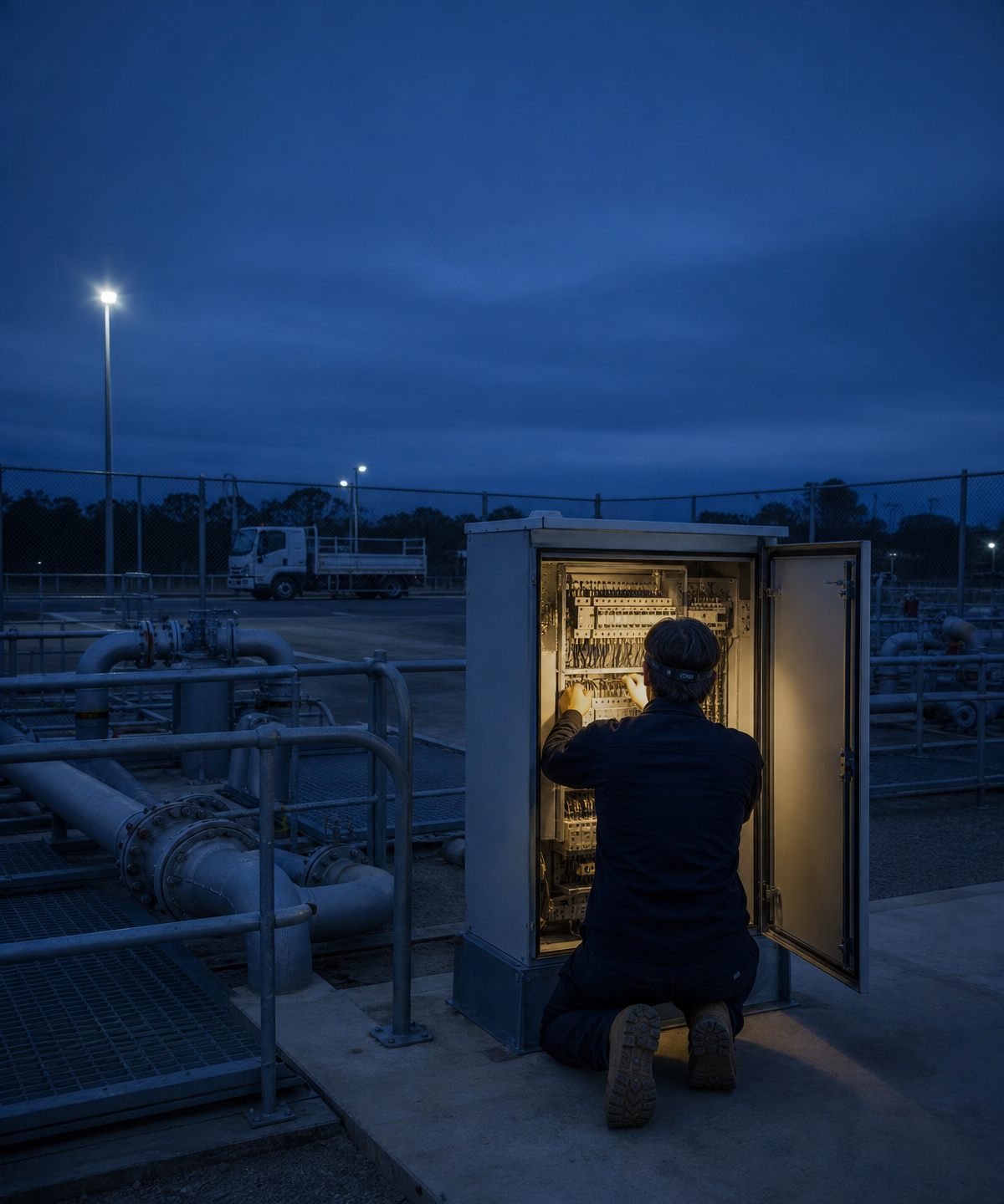 Photograph: a field technician working at a site at dusk. Dark and cool, room at the top, no text in the artwork.